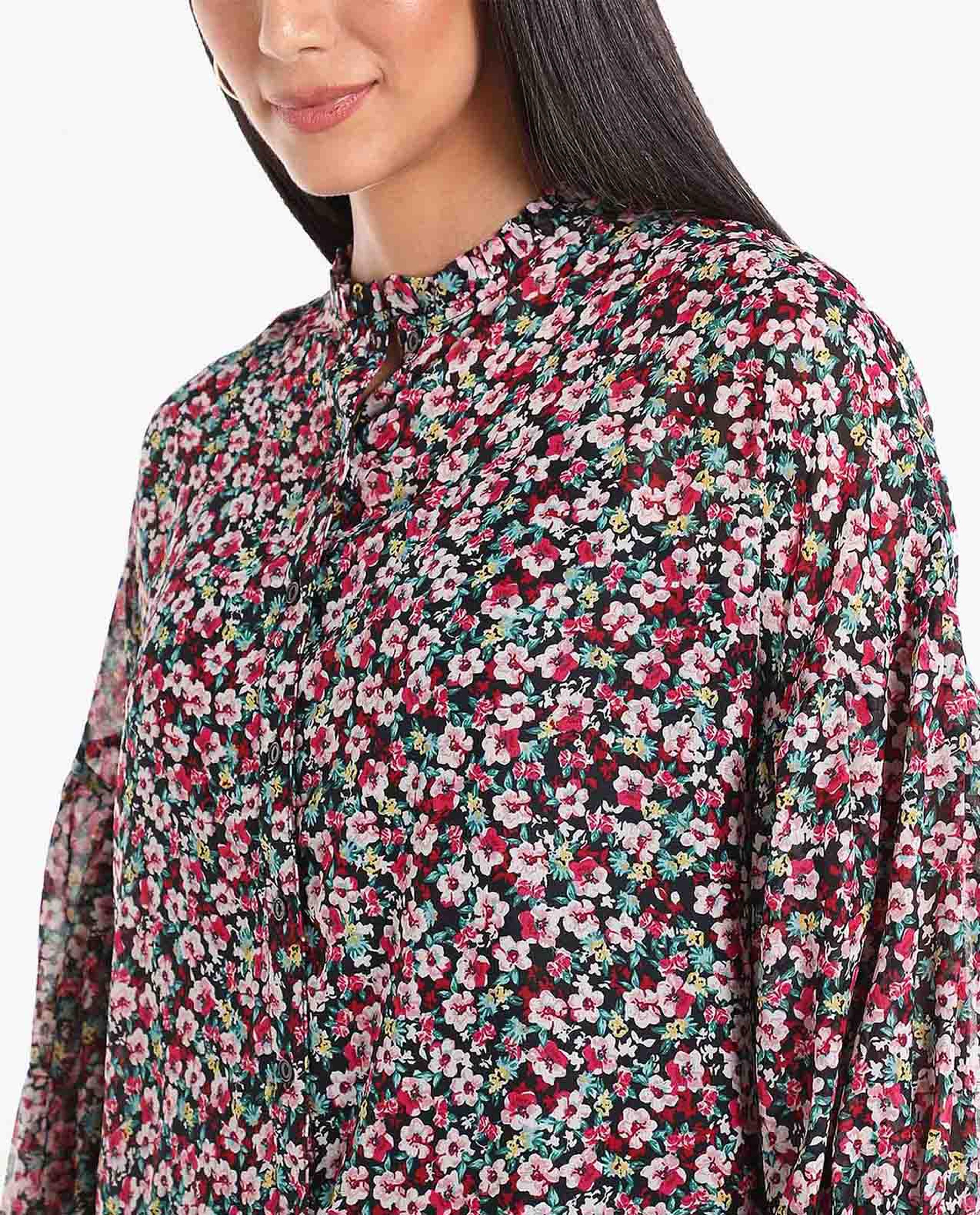 Floral Printed Top with Lettuce Neck and Cuffed Sleeves