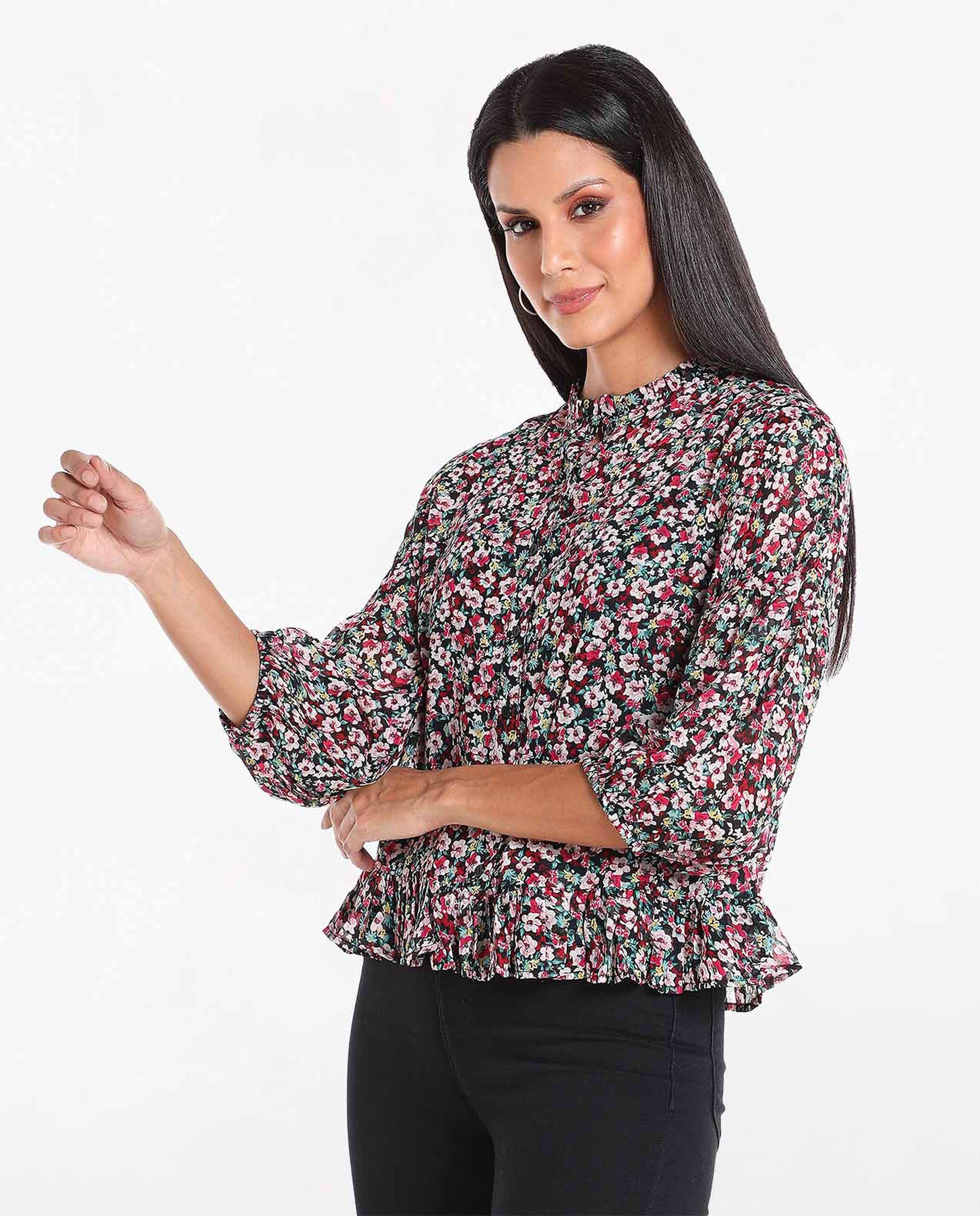 Floral Printed Top with Lettuce Neck and Cuffed Sleeves