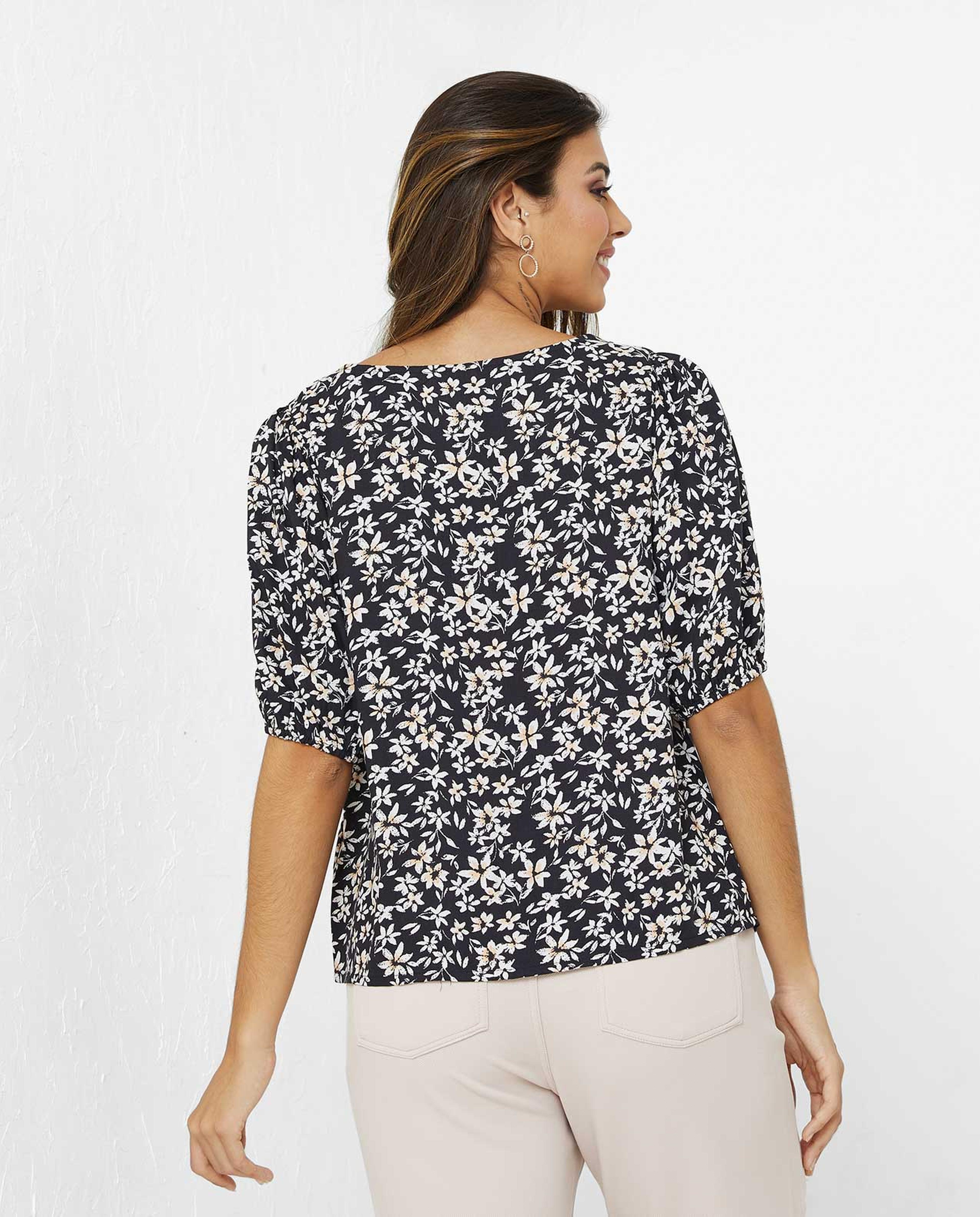 Printed Top with V-Neck and Elbow Length Sleeves