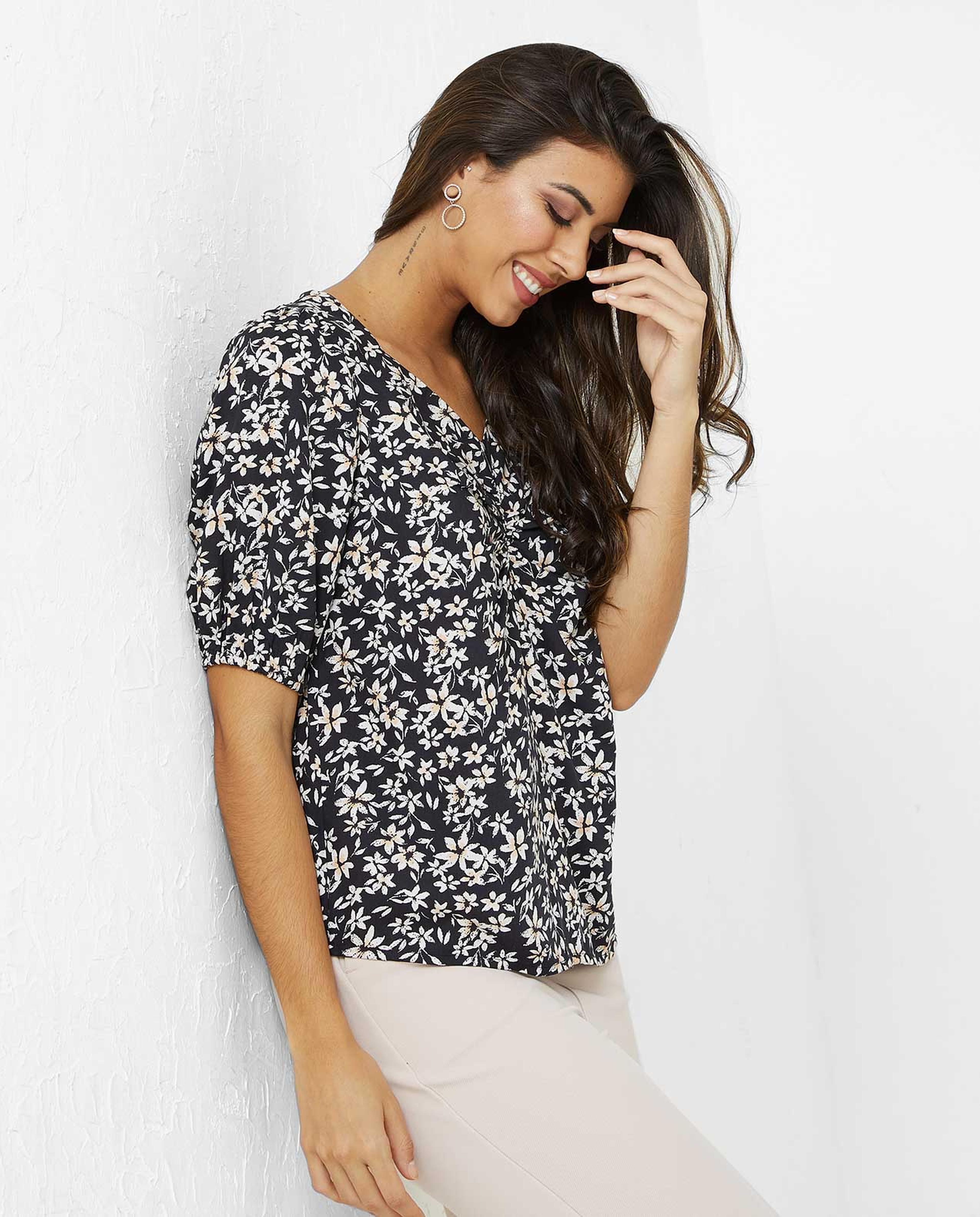 Printed Top with V-Neck and Elbow Length Sleeves