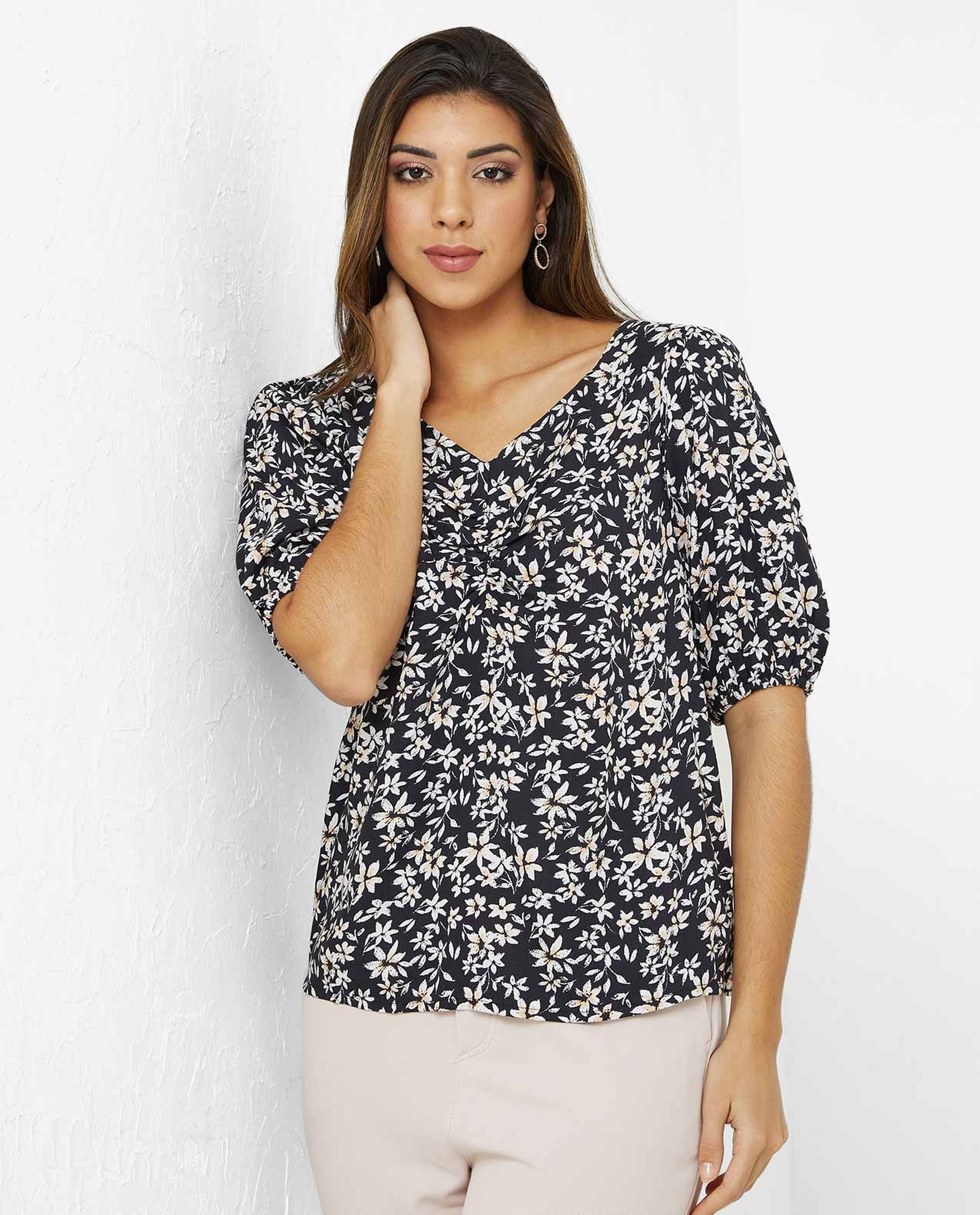 Printed Top with V-Neck and Elbow Length Sleeves