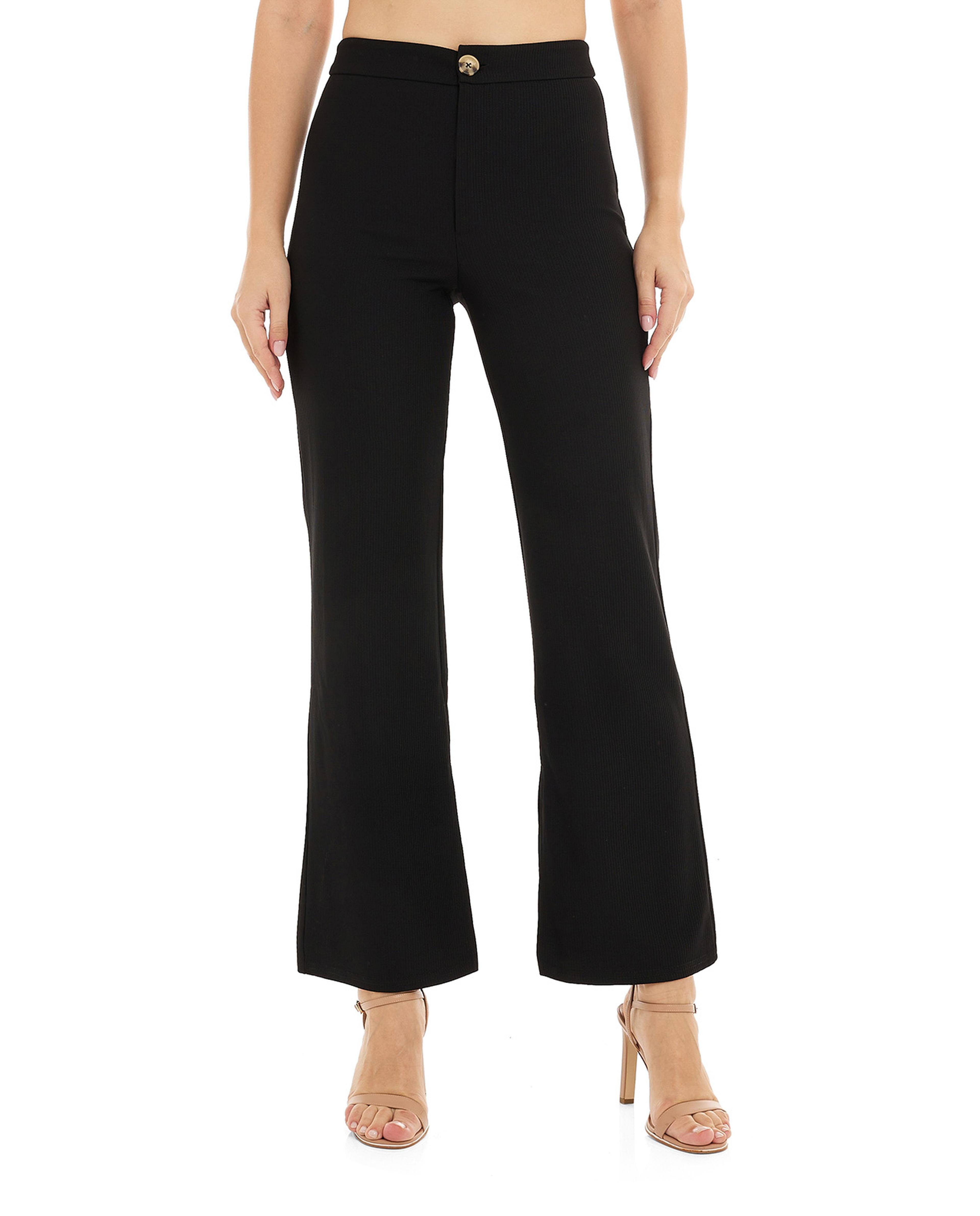 Solid Flare Leg Trousers with Button Closure