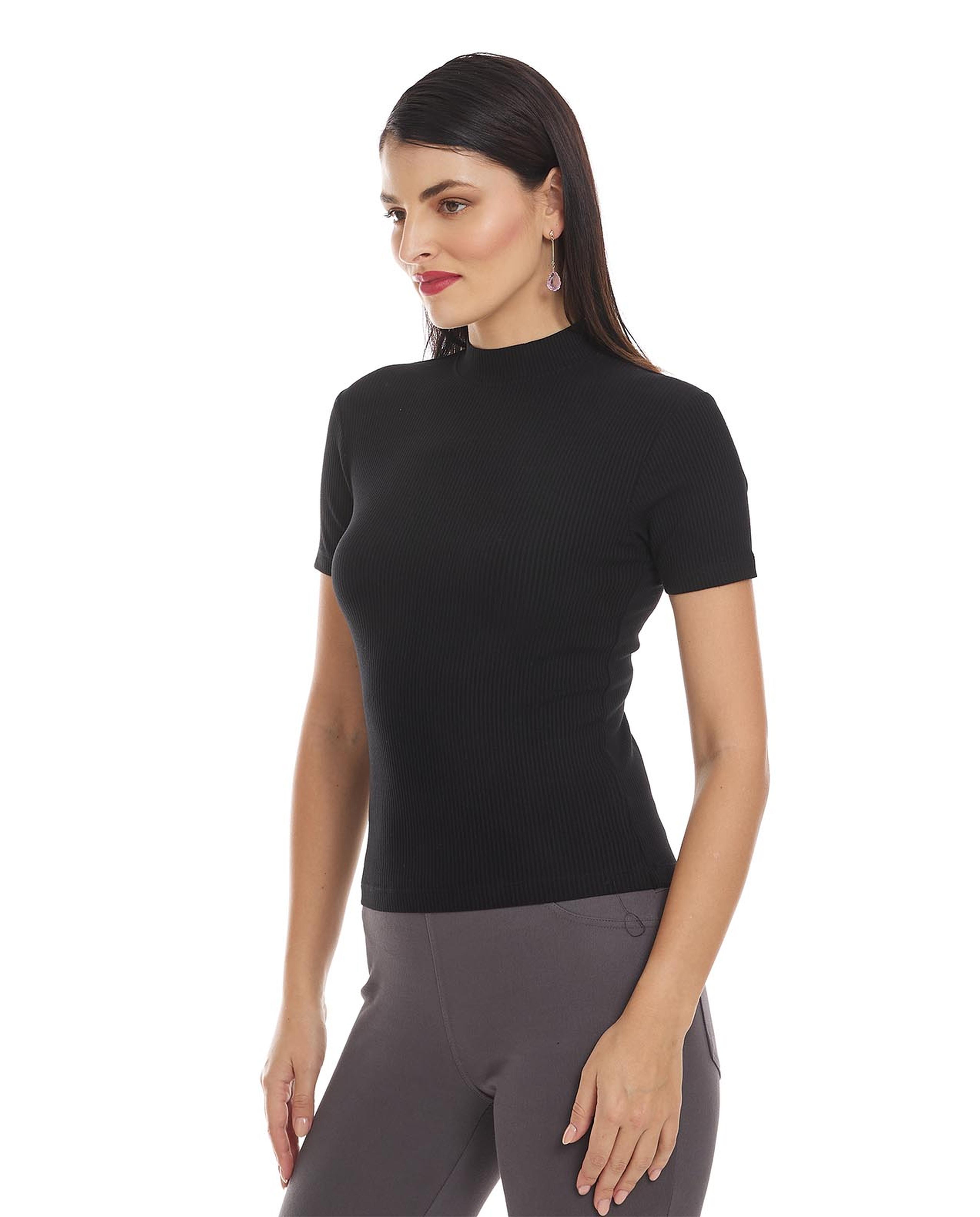 Solid Top with Mock Neck and Short Sleeves