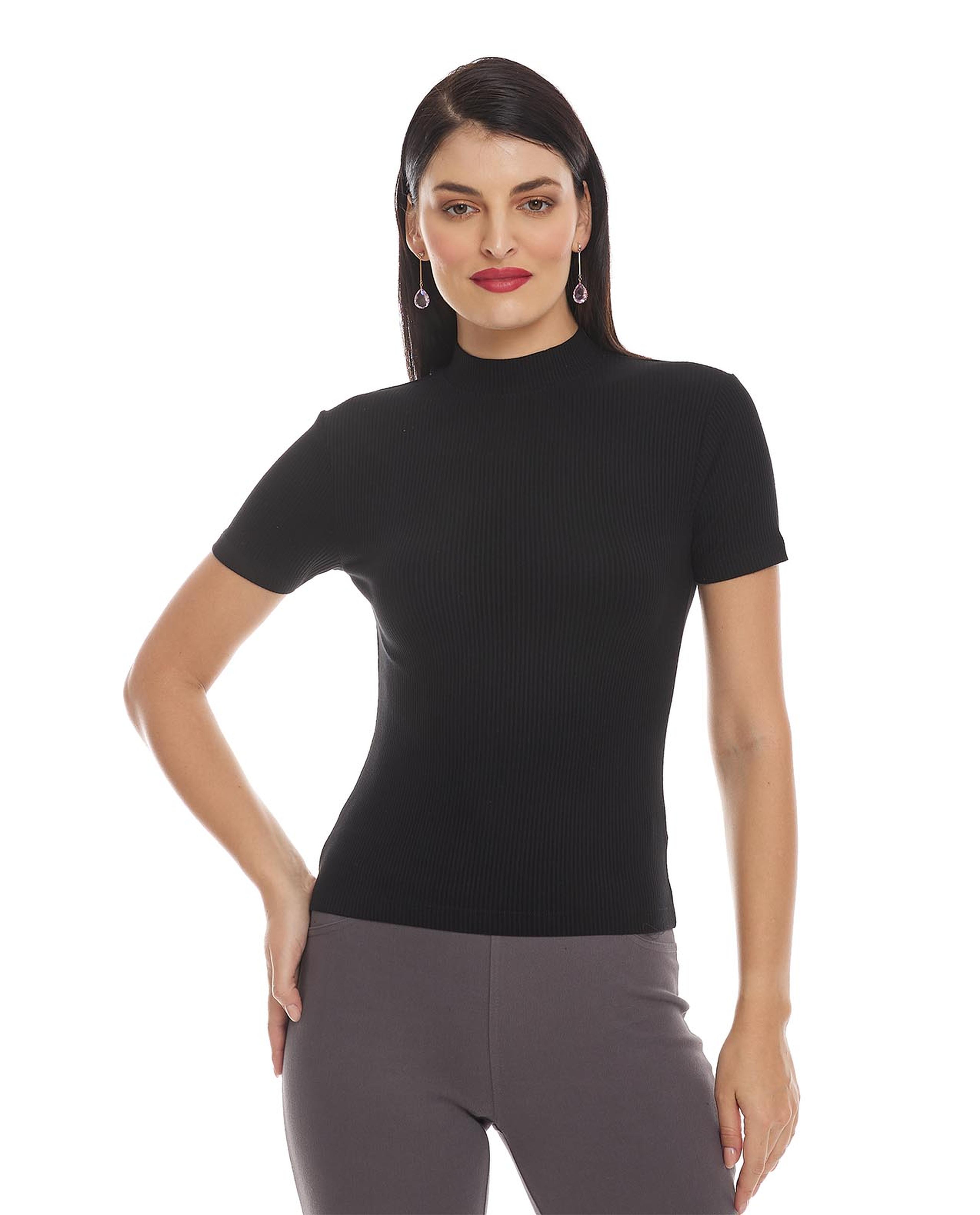 Solid Top with Mock Neck and Short Sleeves