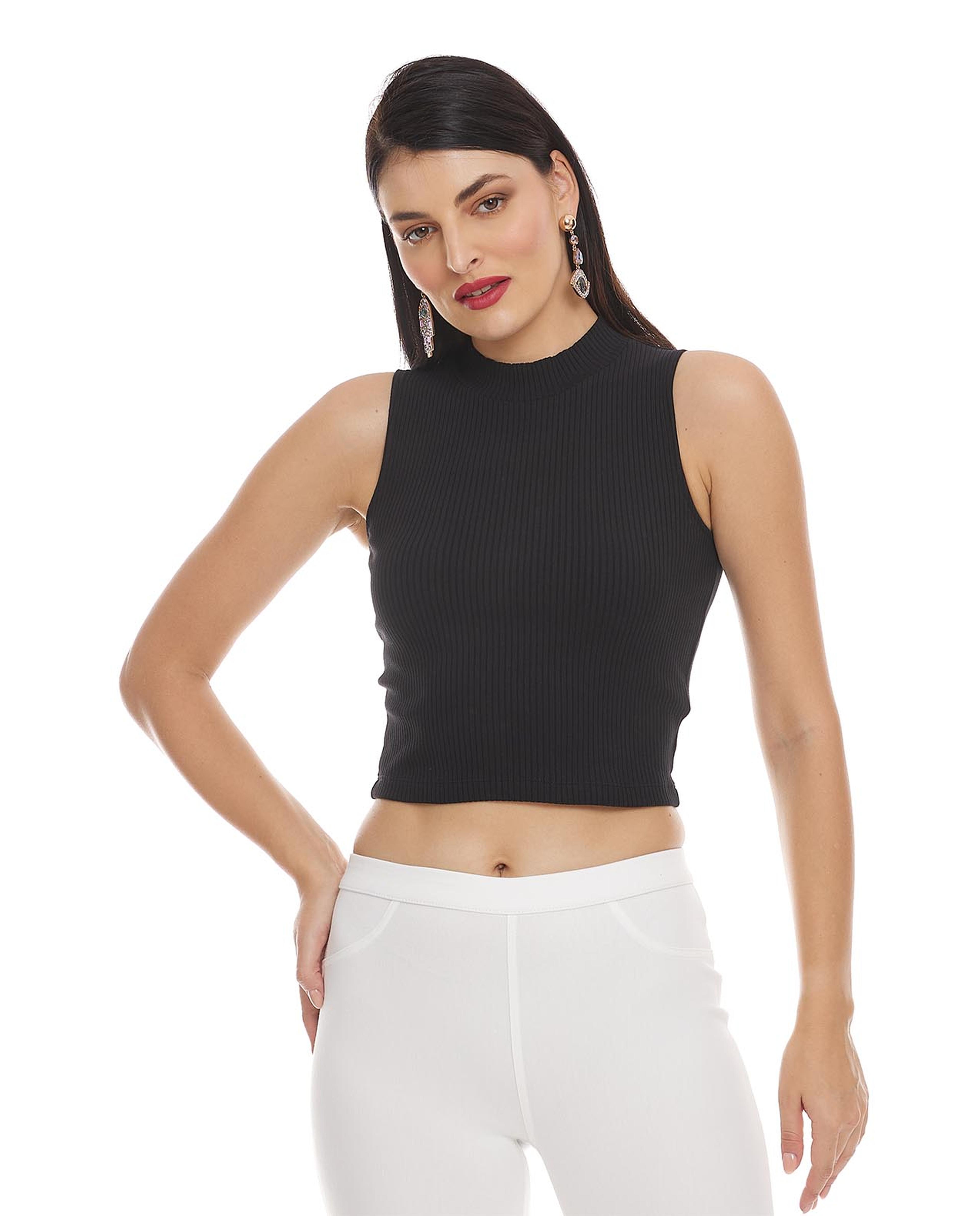 Solid Sleeveless Top with Mock Neck