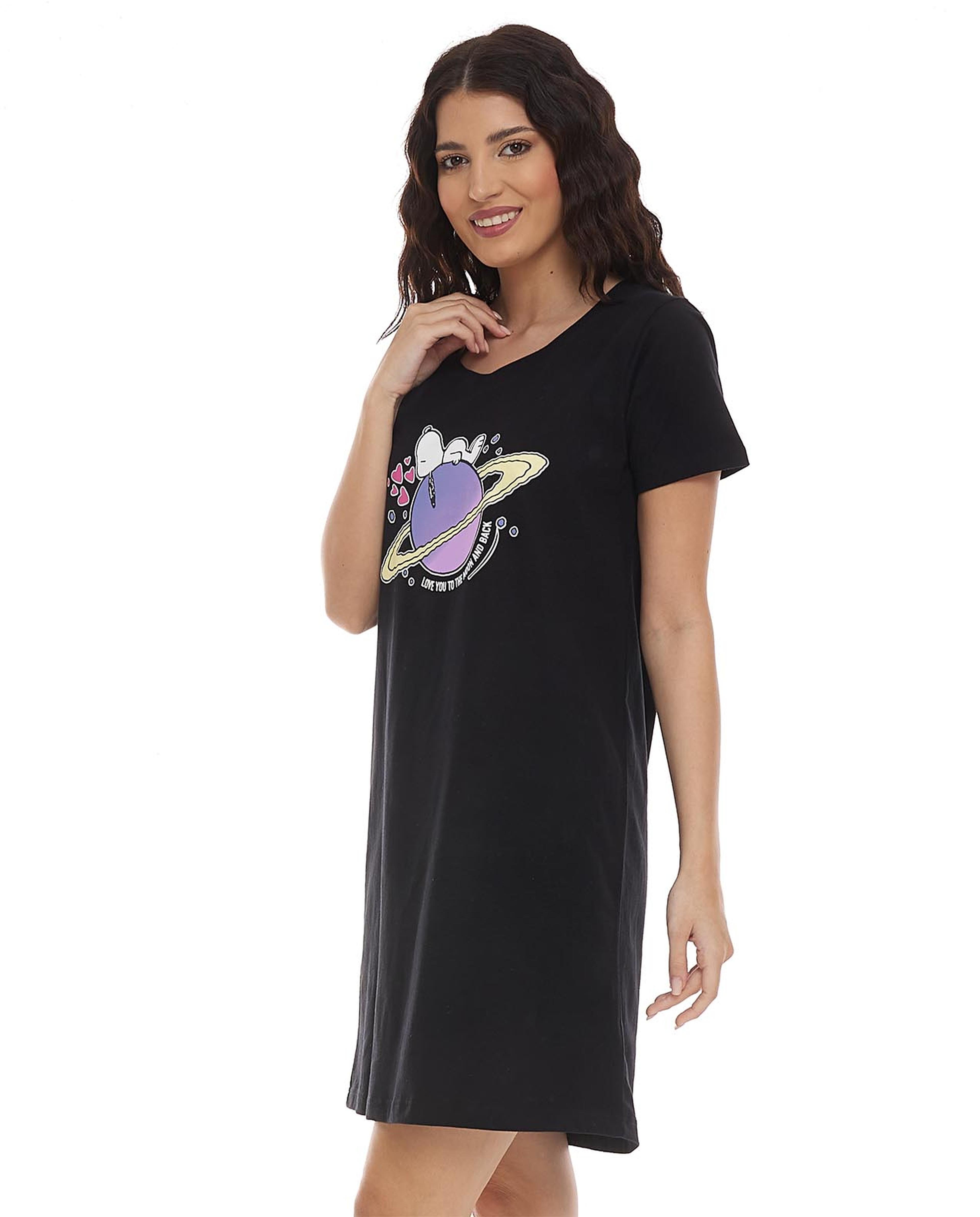 Printed Short Nightdress with Crew Neck and Short Sleeves