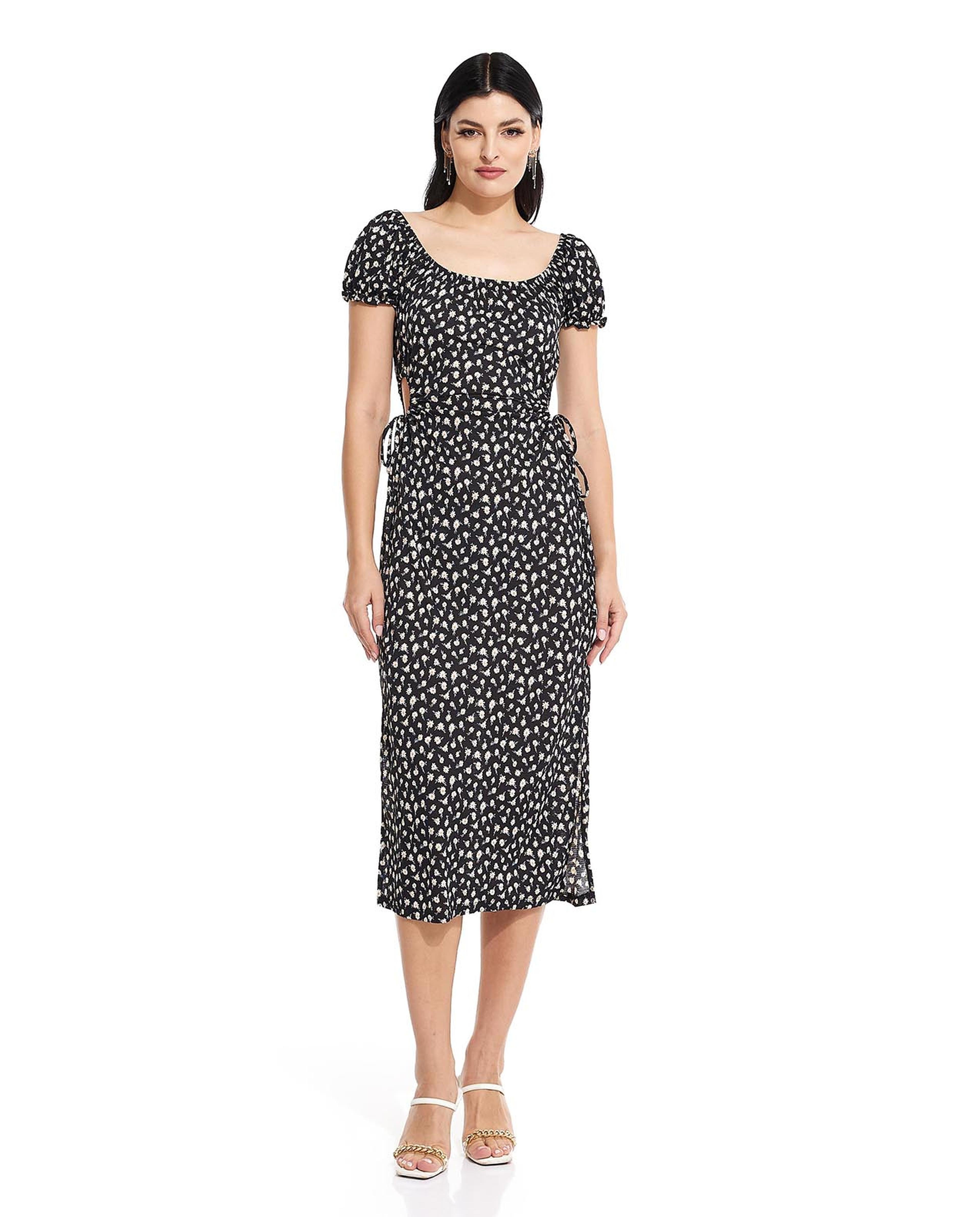 Shop Printed Midi Dress with Ruched Waist Online