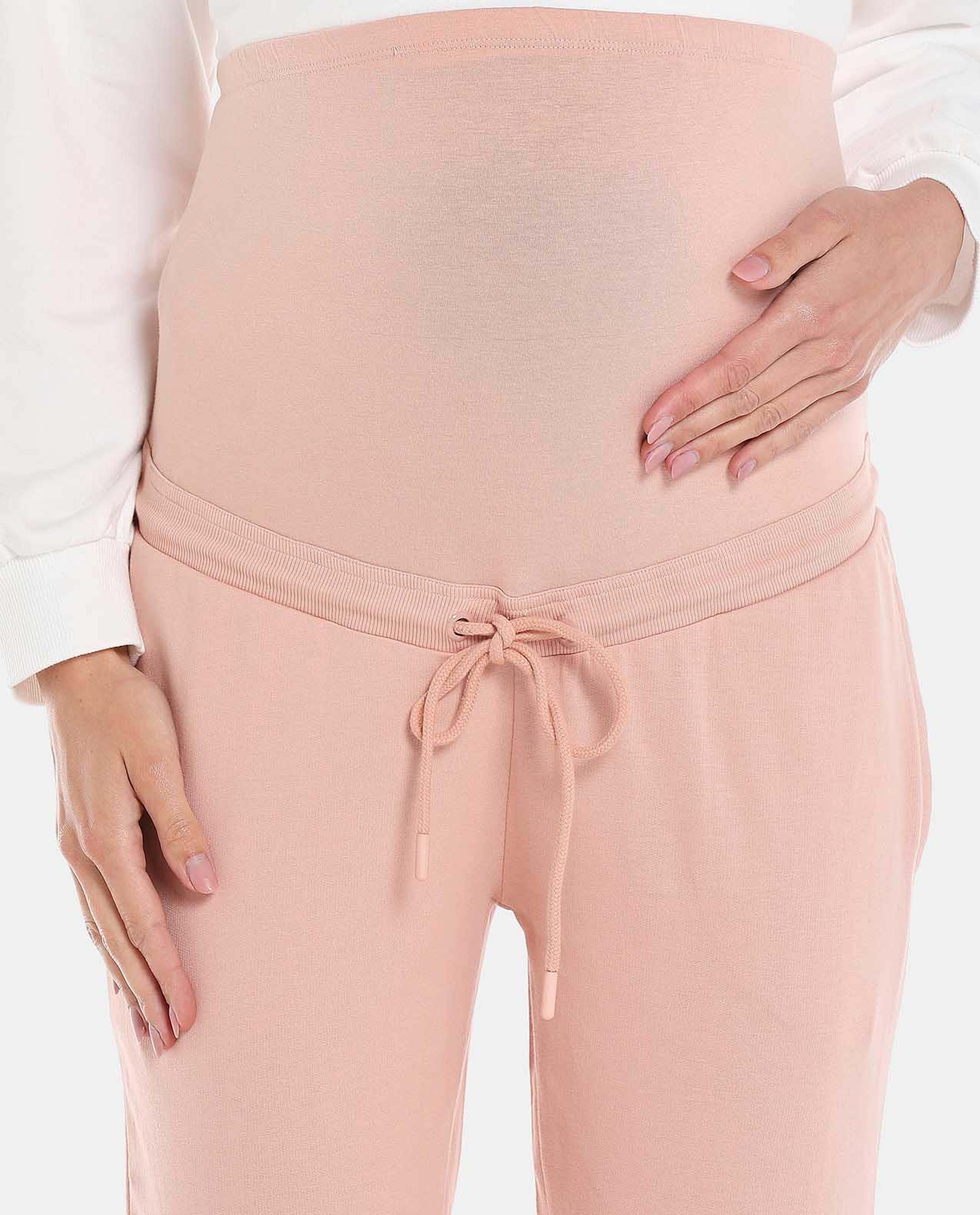 Beige Solid Maternity Knit Joggers