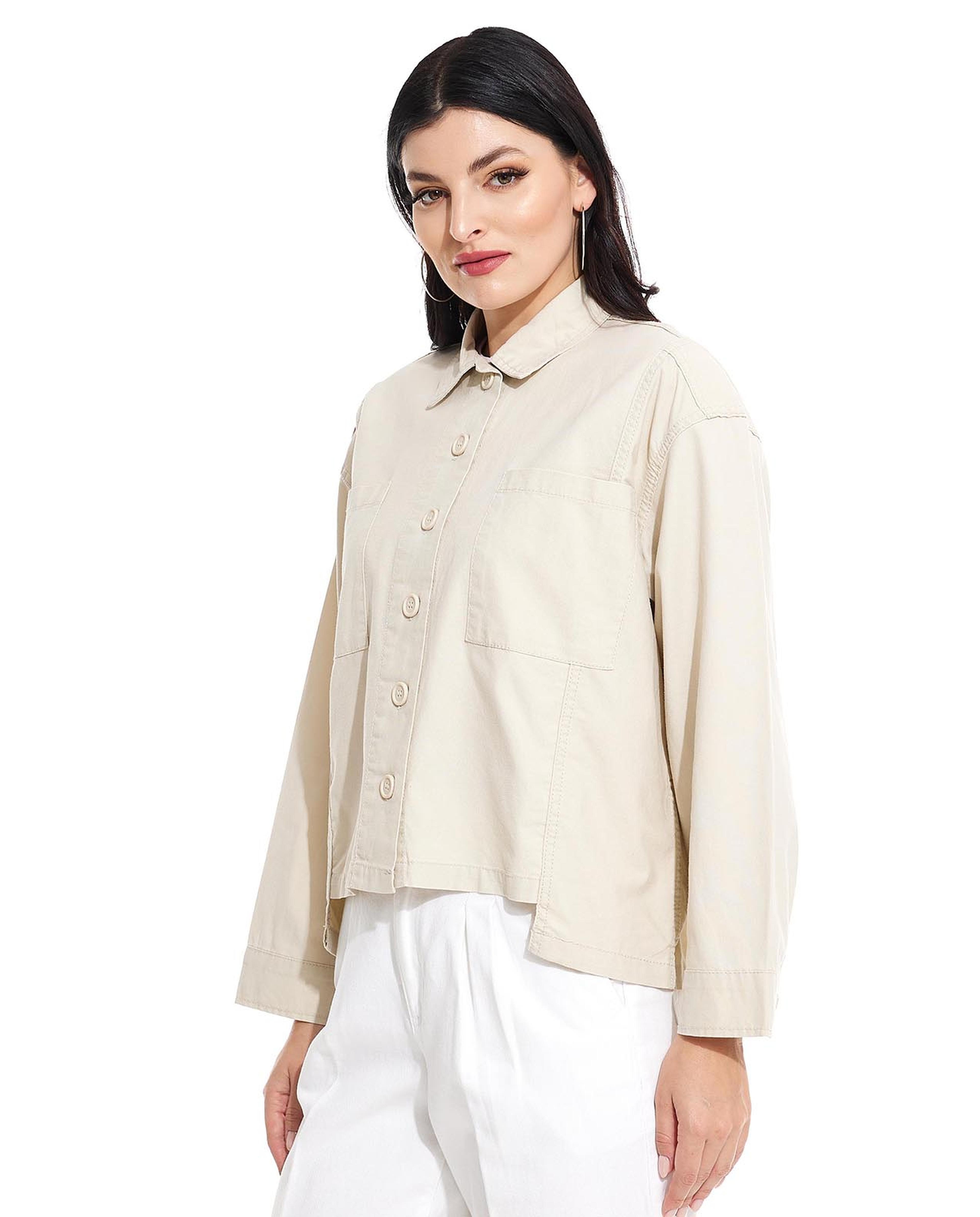 Solid Oversized Shirt with Classic Collar and Button Front