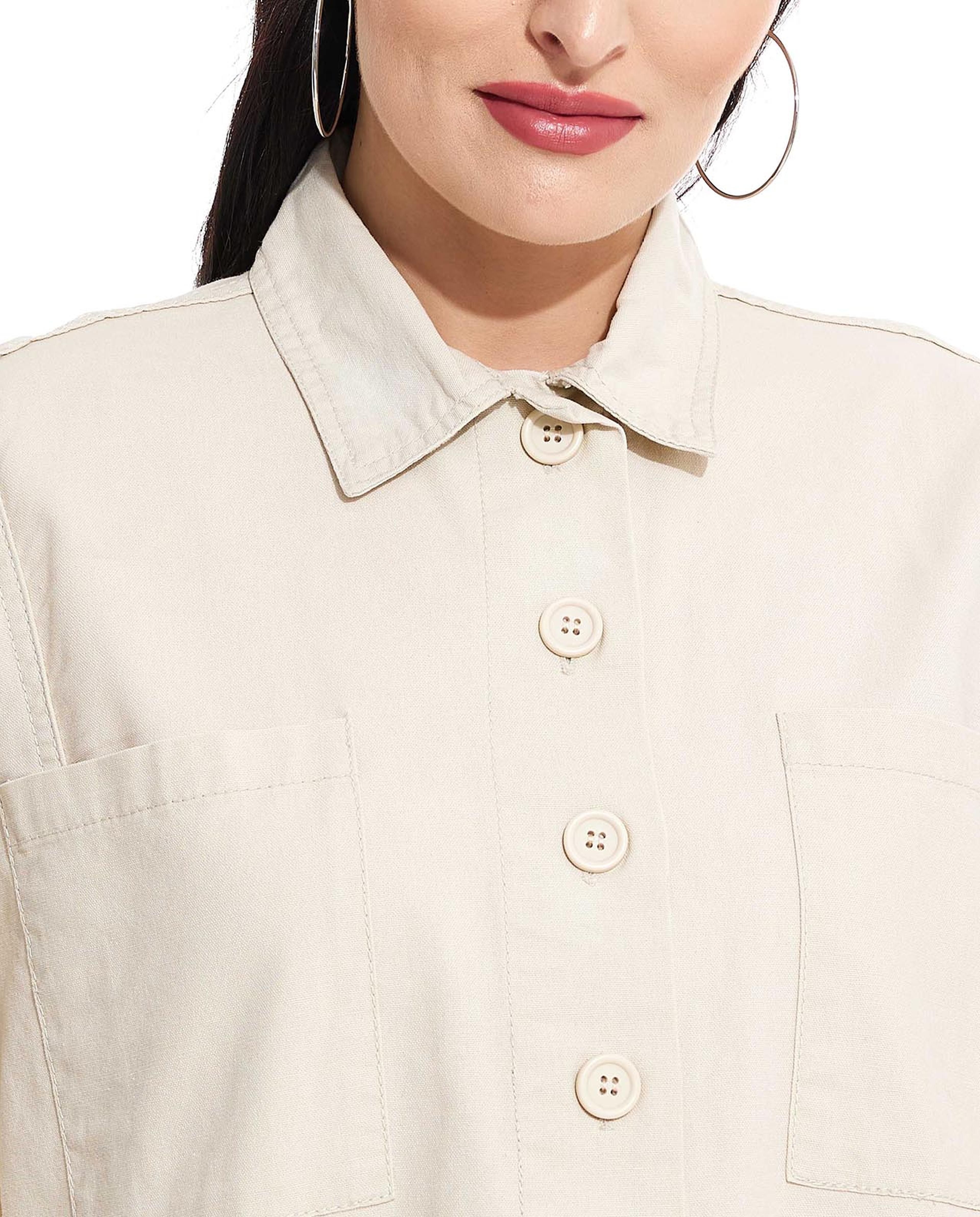 Solid Oversized Shirt with Classic Collar and Button Front