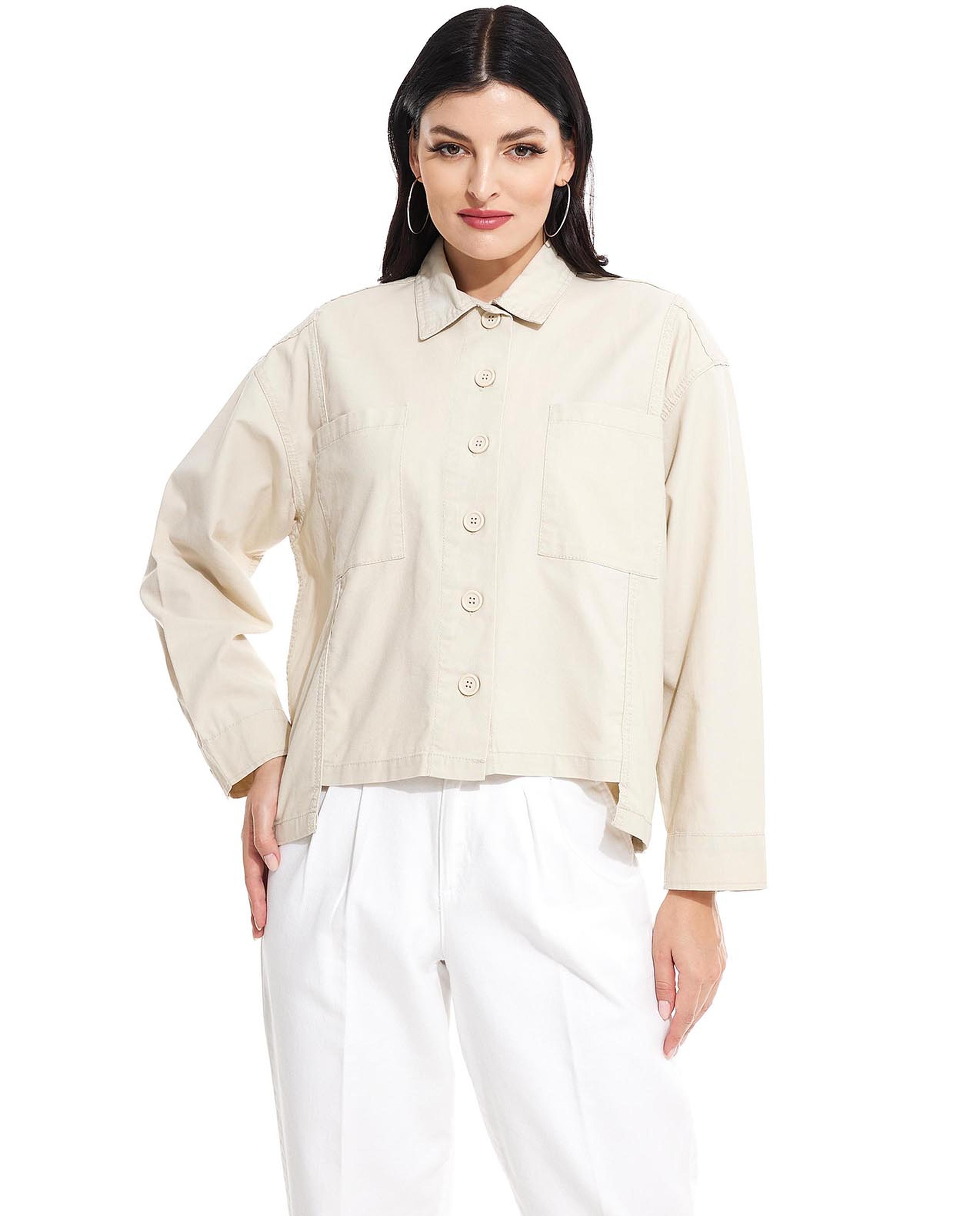 Solid Oversized Shirt with Classic Collar and Button Front