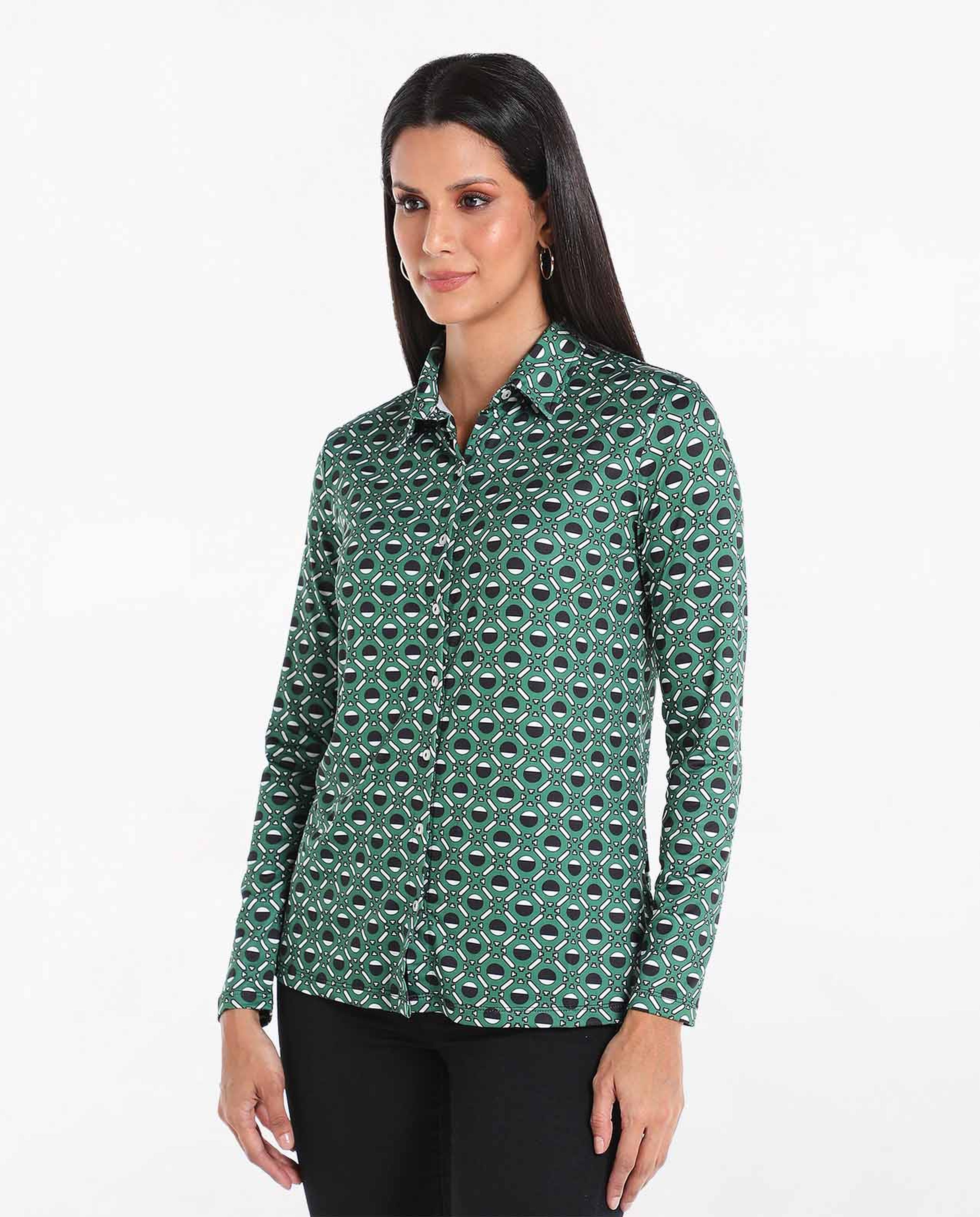 Geometric Printed Casual Shirt with Spread Collar and Long Sleeves