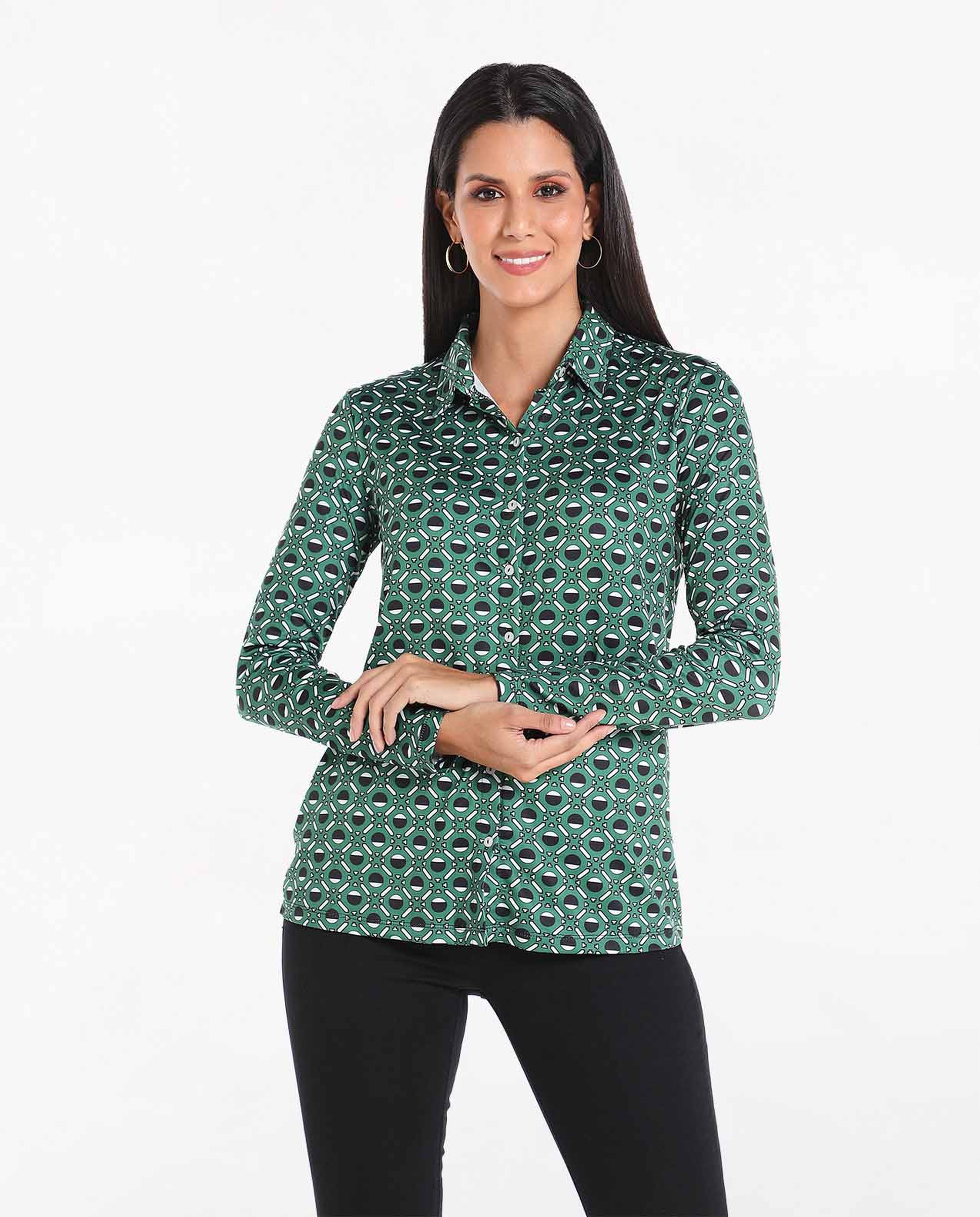 Geometric Printed Casual Shirt with Spread Collar and Long Sleeves