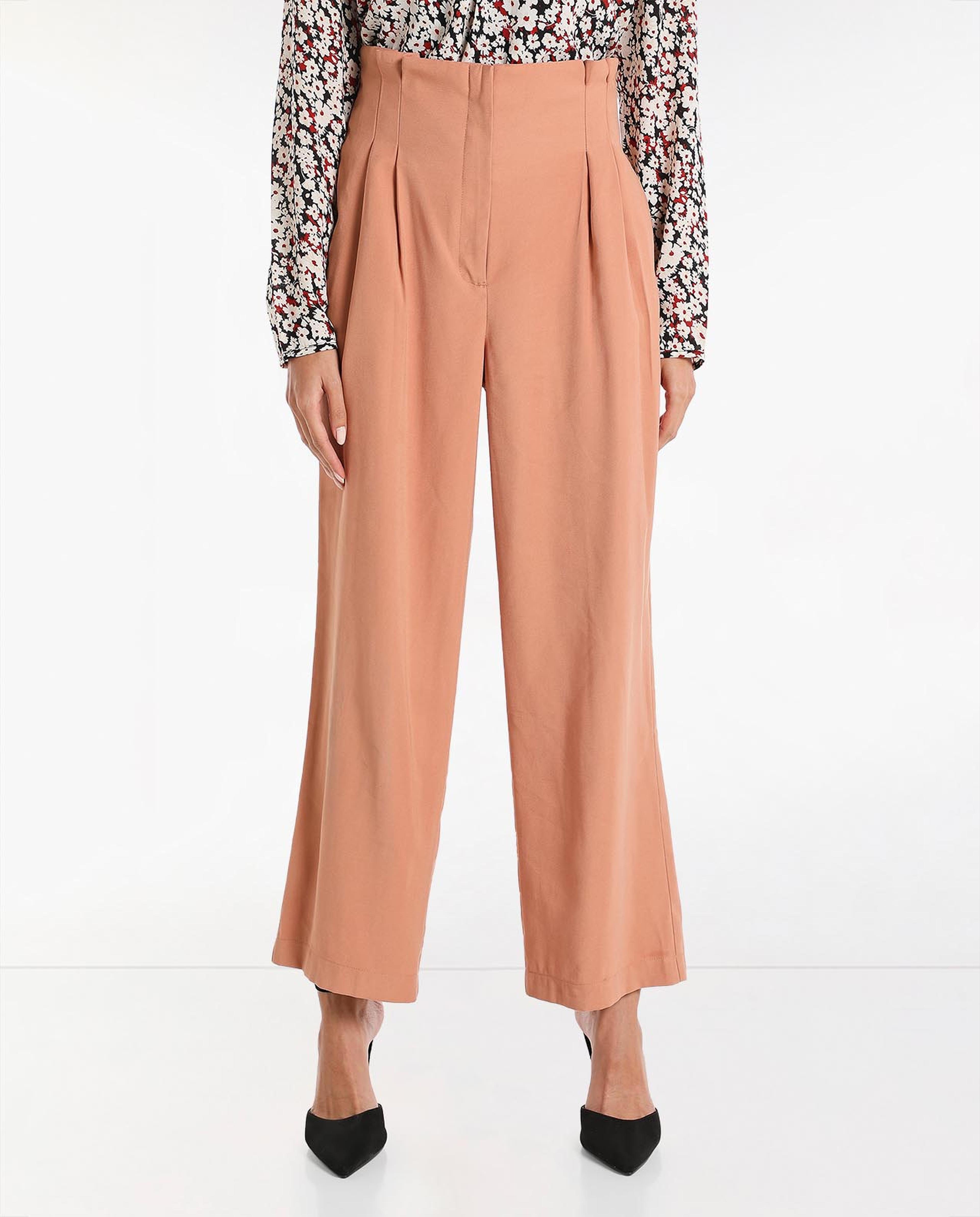 High Rise Pleated Wide Leg Pants with Elasticated Waist