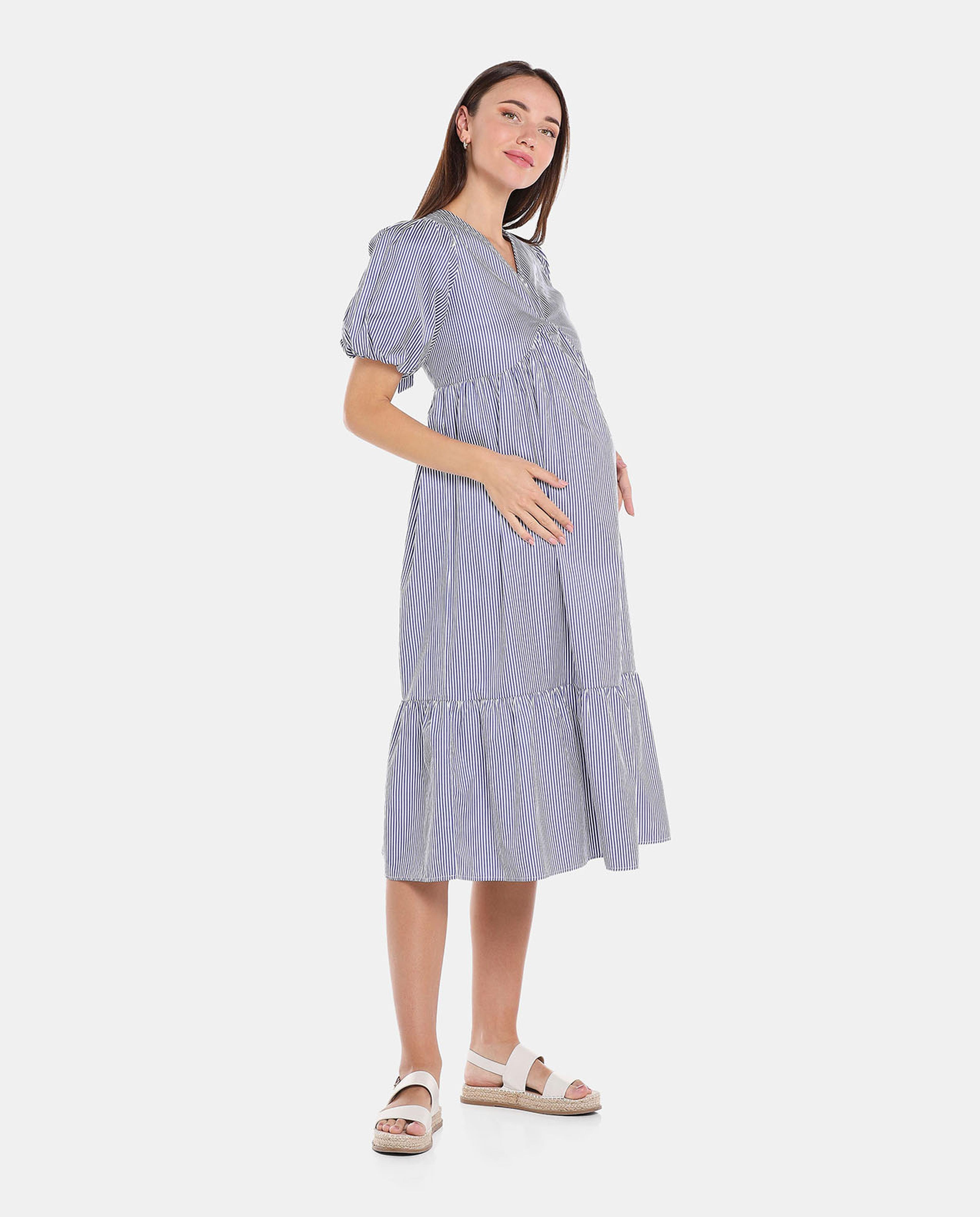 Blue Solid Tiered Maternity Dress