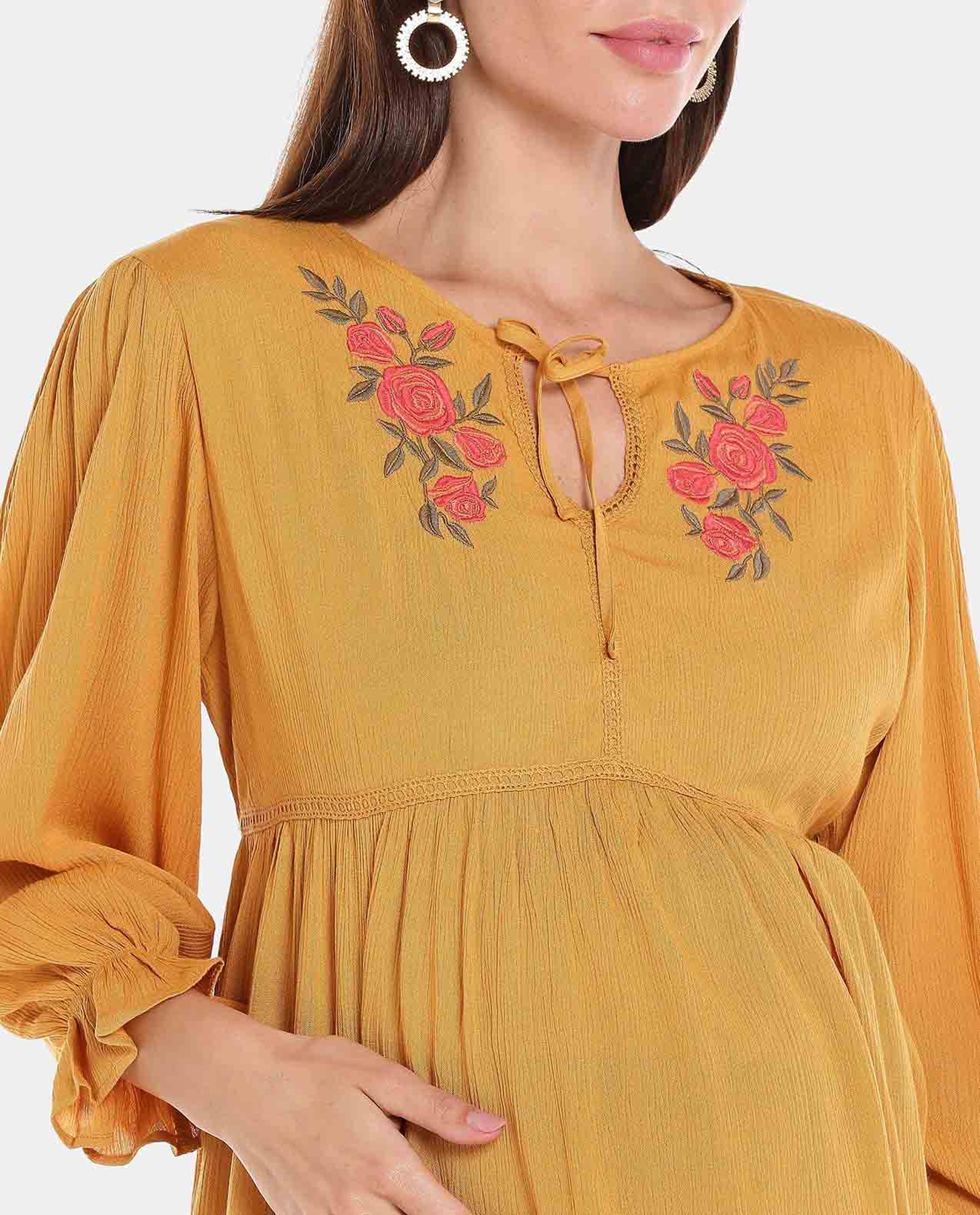 Yellow Embroidered Lantern Sleeve Maternity Top