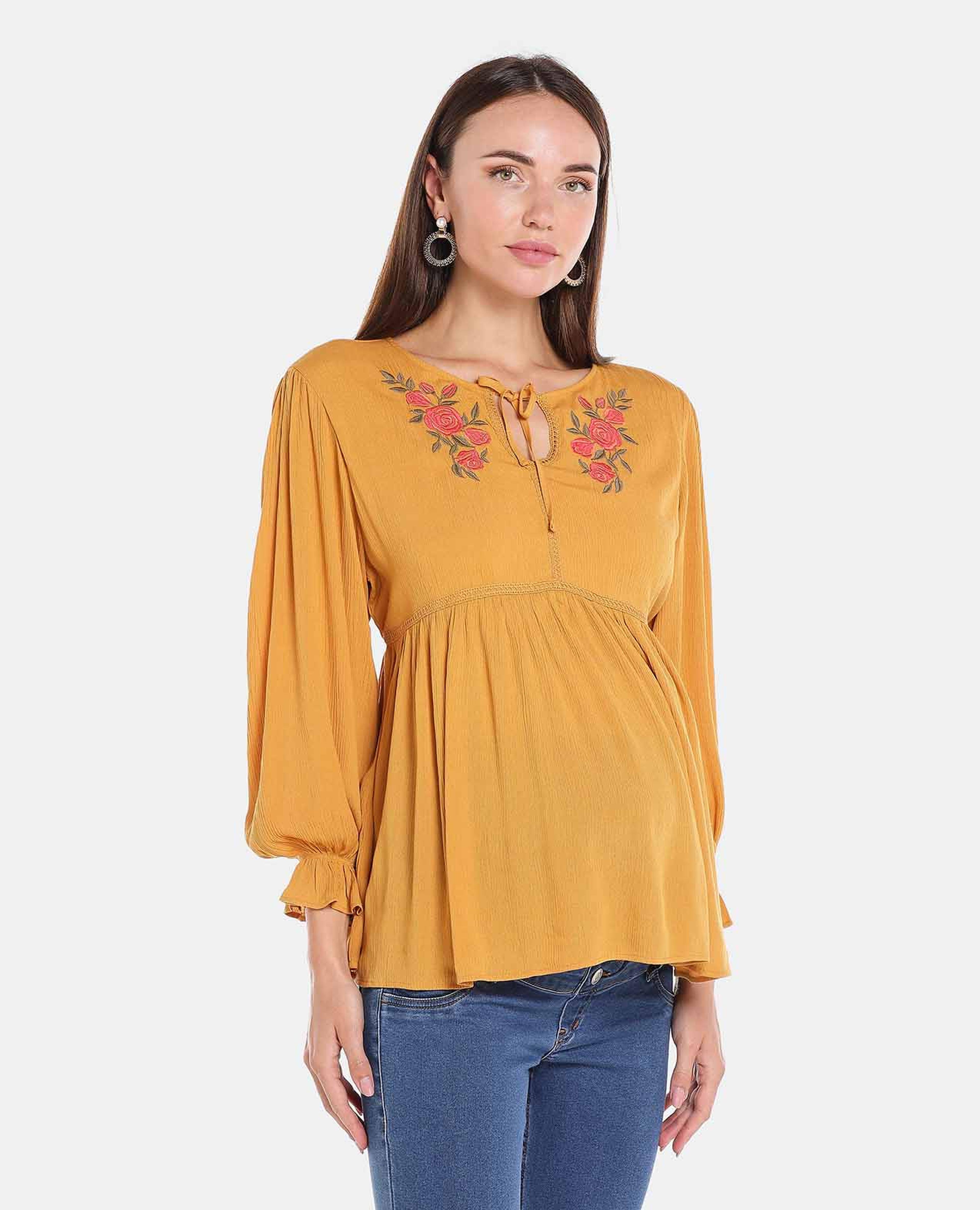Yellow Embroidered Lantern Sleeve Maternity Top