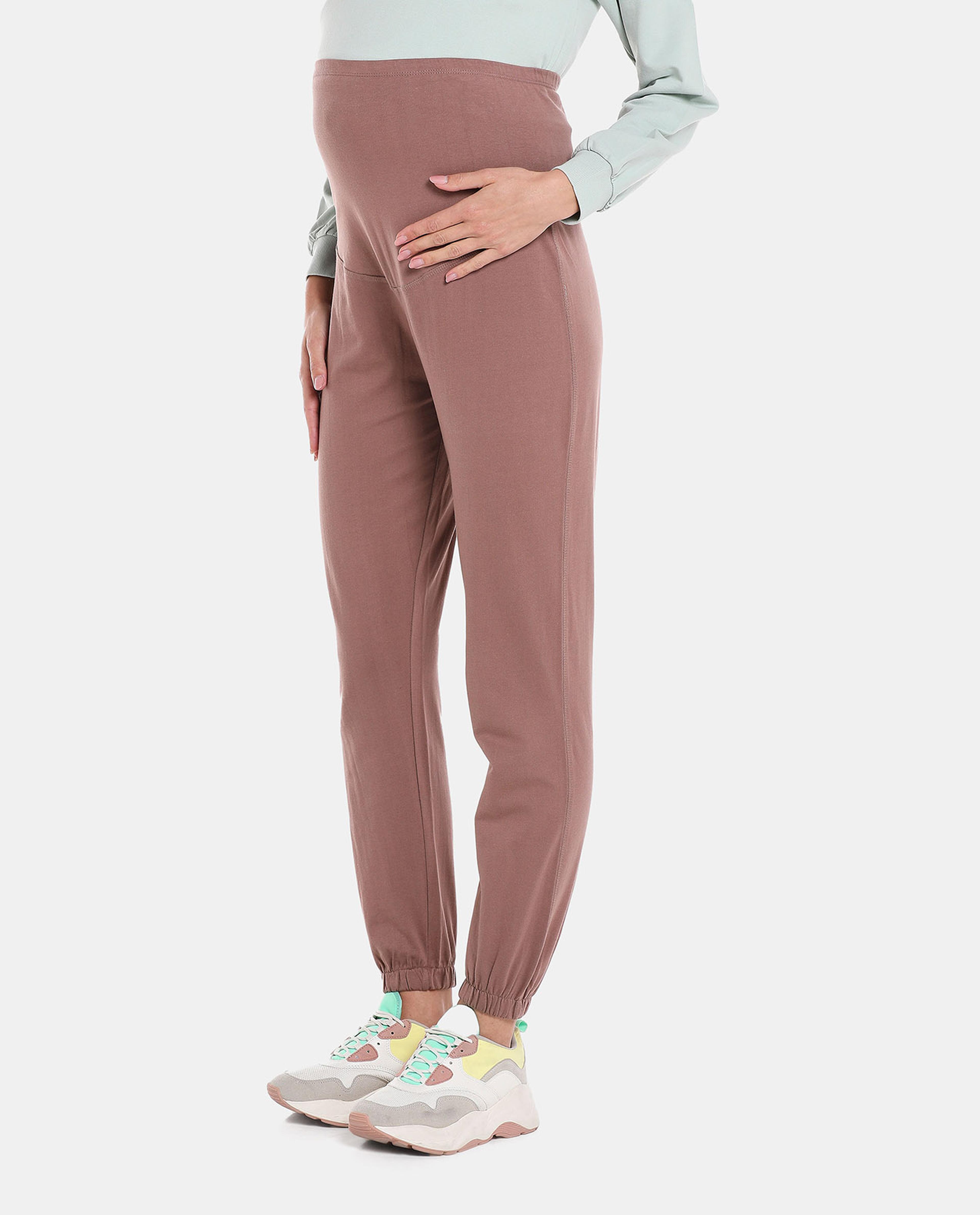 Brown Solid Maternity Knit Joggers