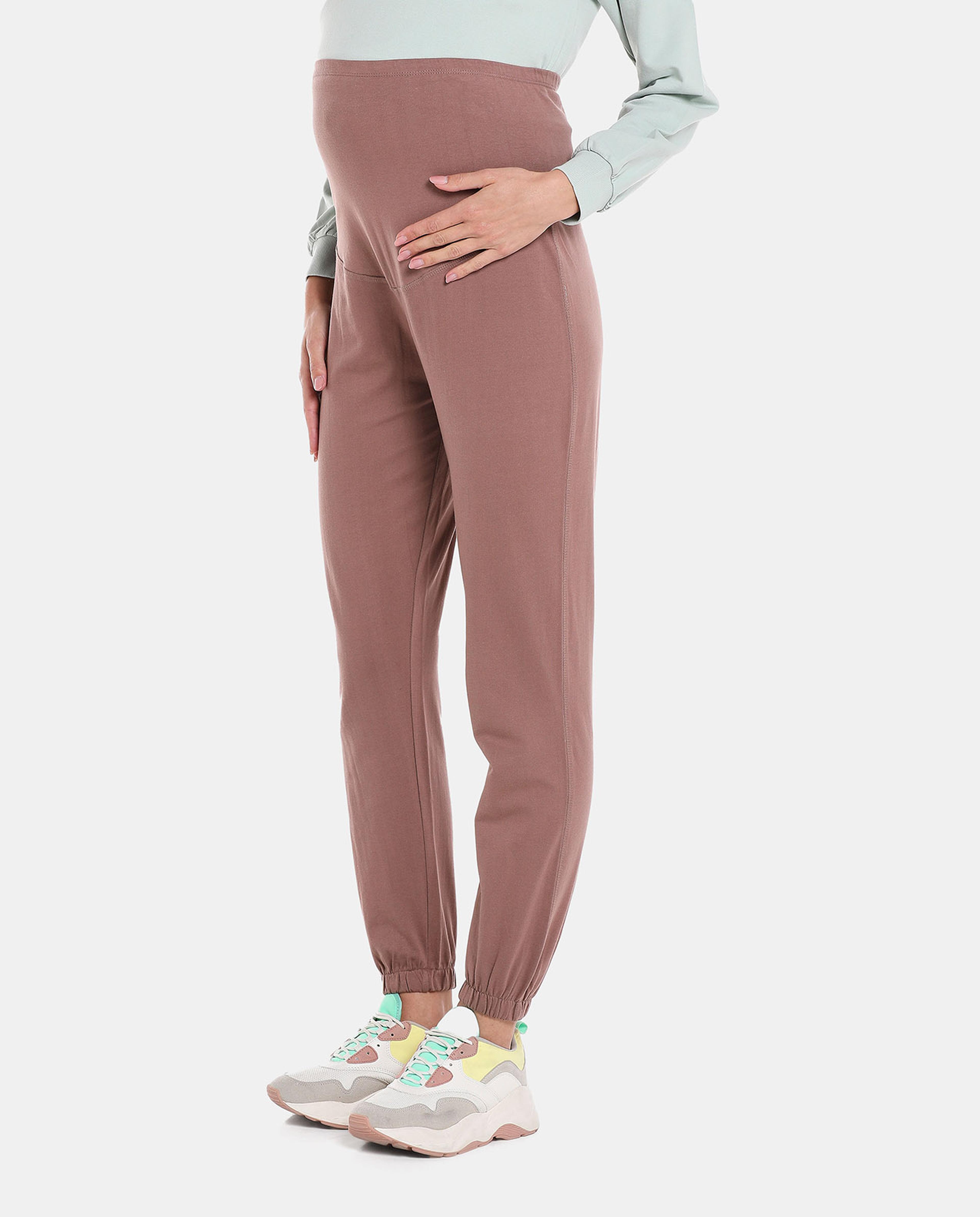Brown Solid Maternity Knit Joggers
