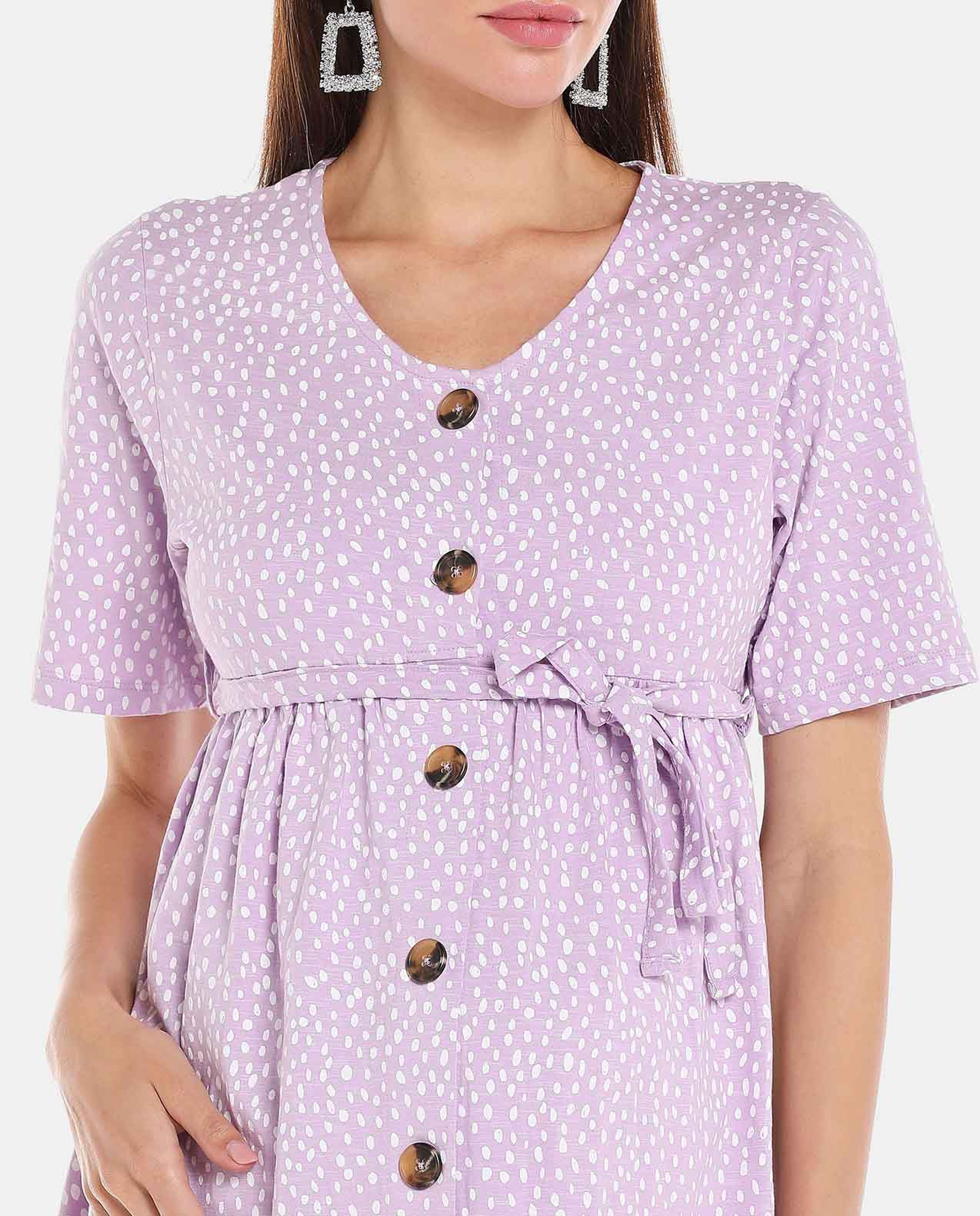 Purple Solid Button Down Maternity Dress