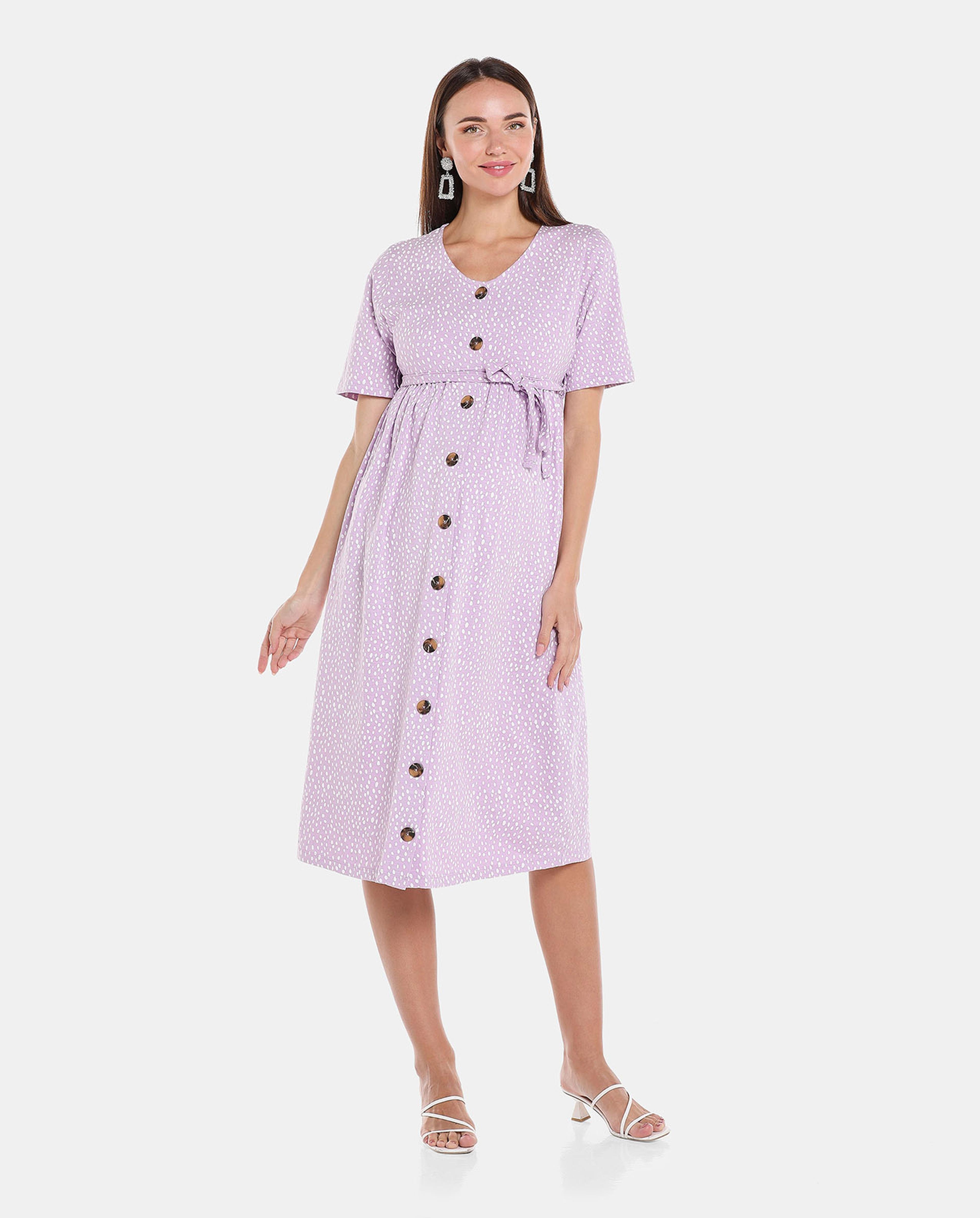 Purple Solid Button Down Maternity Dress