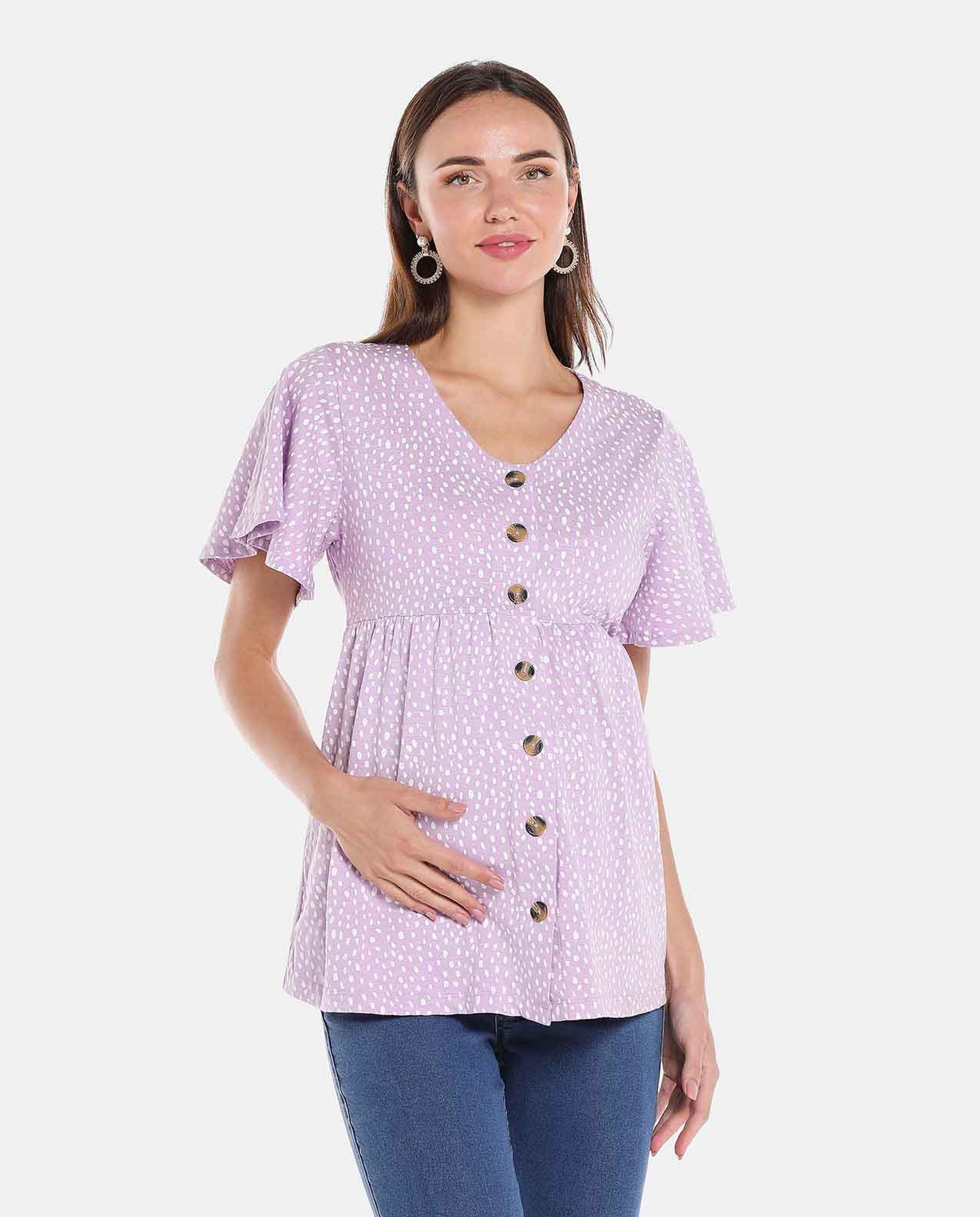 Purple Solid Button Down Maternity Top