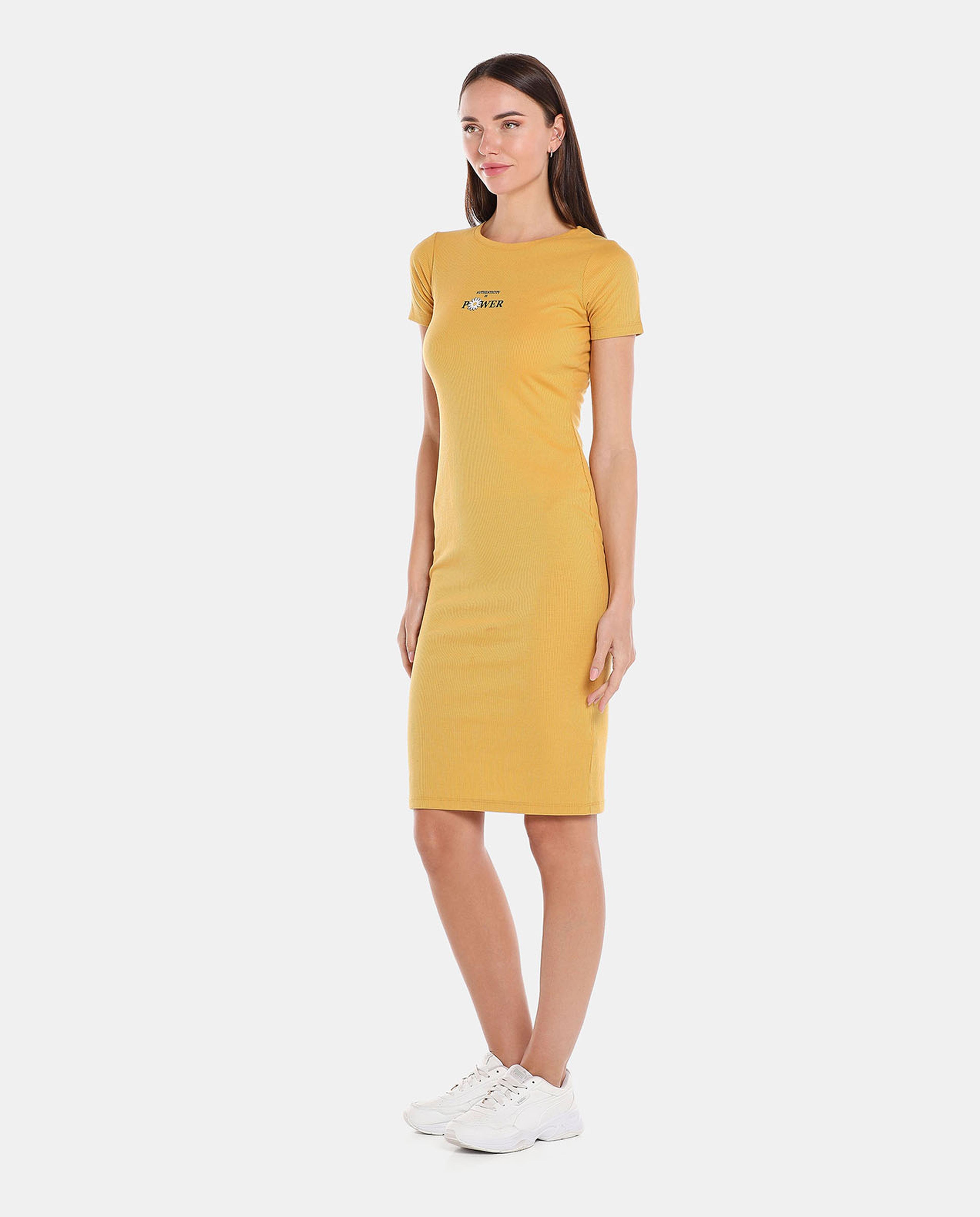 Yellow Solid Bodycon Knee Length Dress