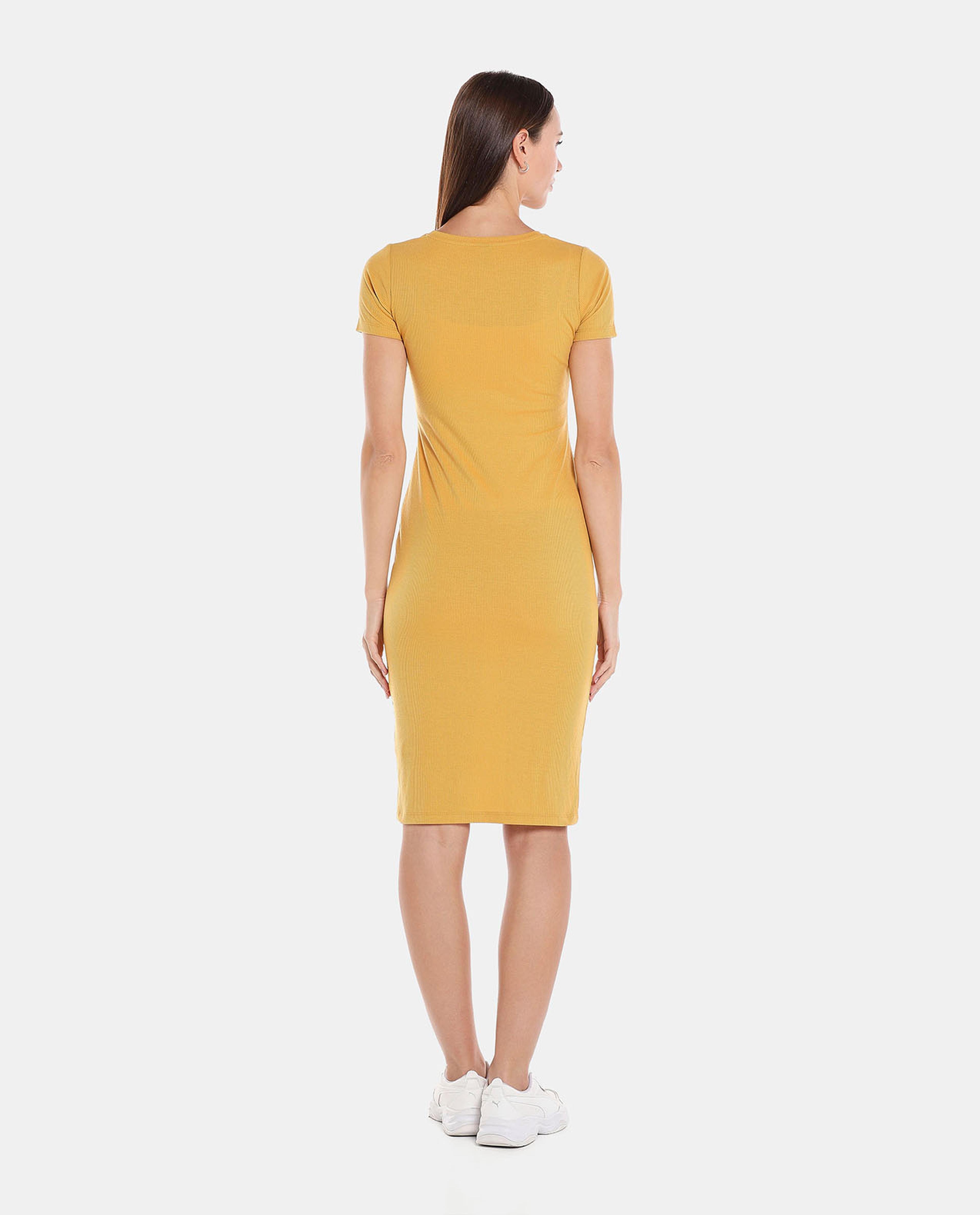 Yellow Solid Bodycon Knee Length Dress