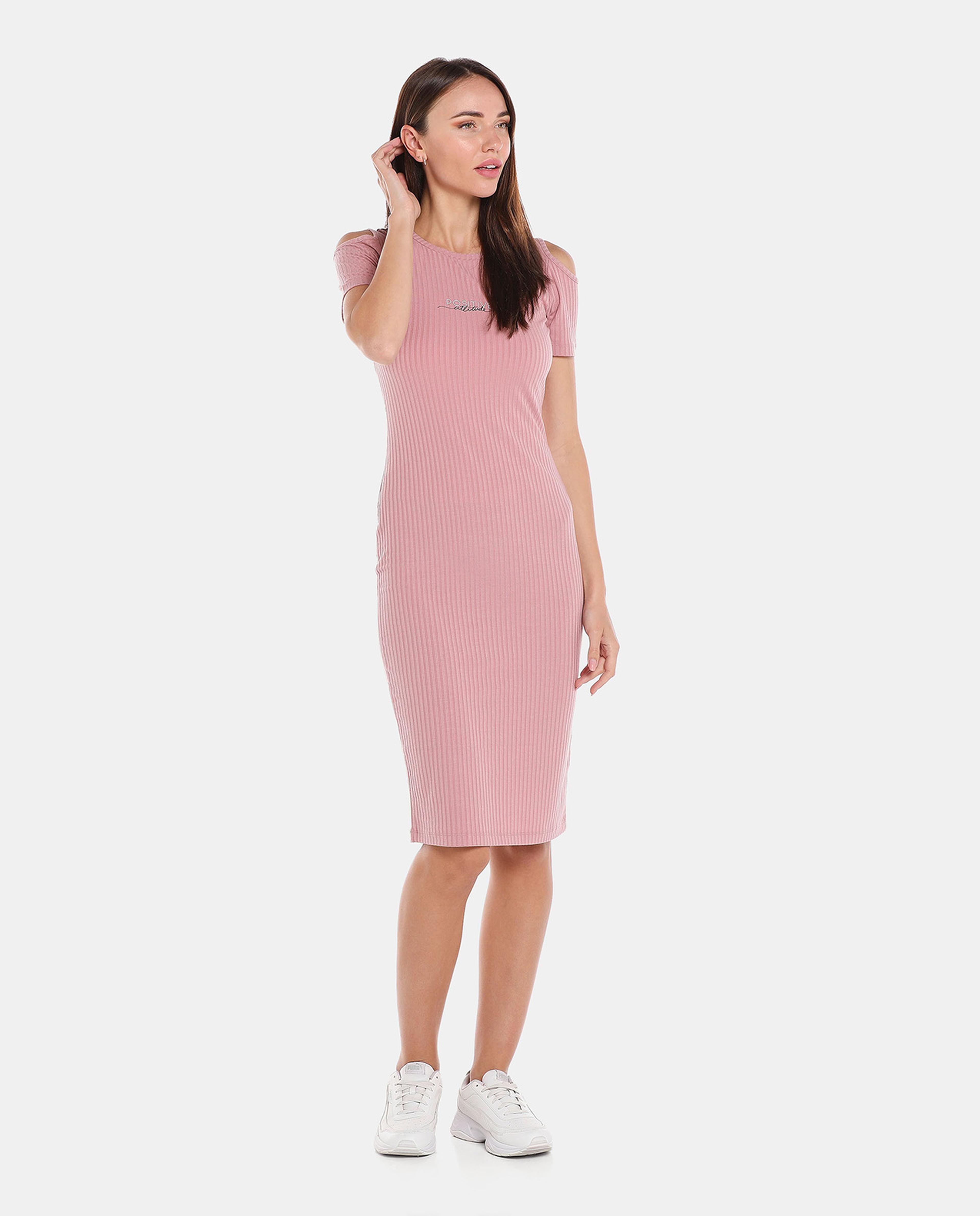 Pink Solid Bodycon Knee Length Dress