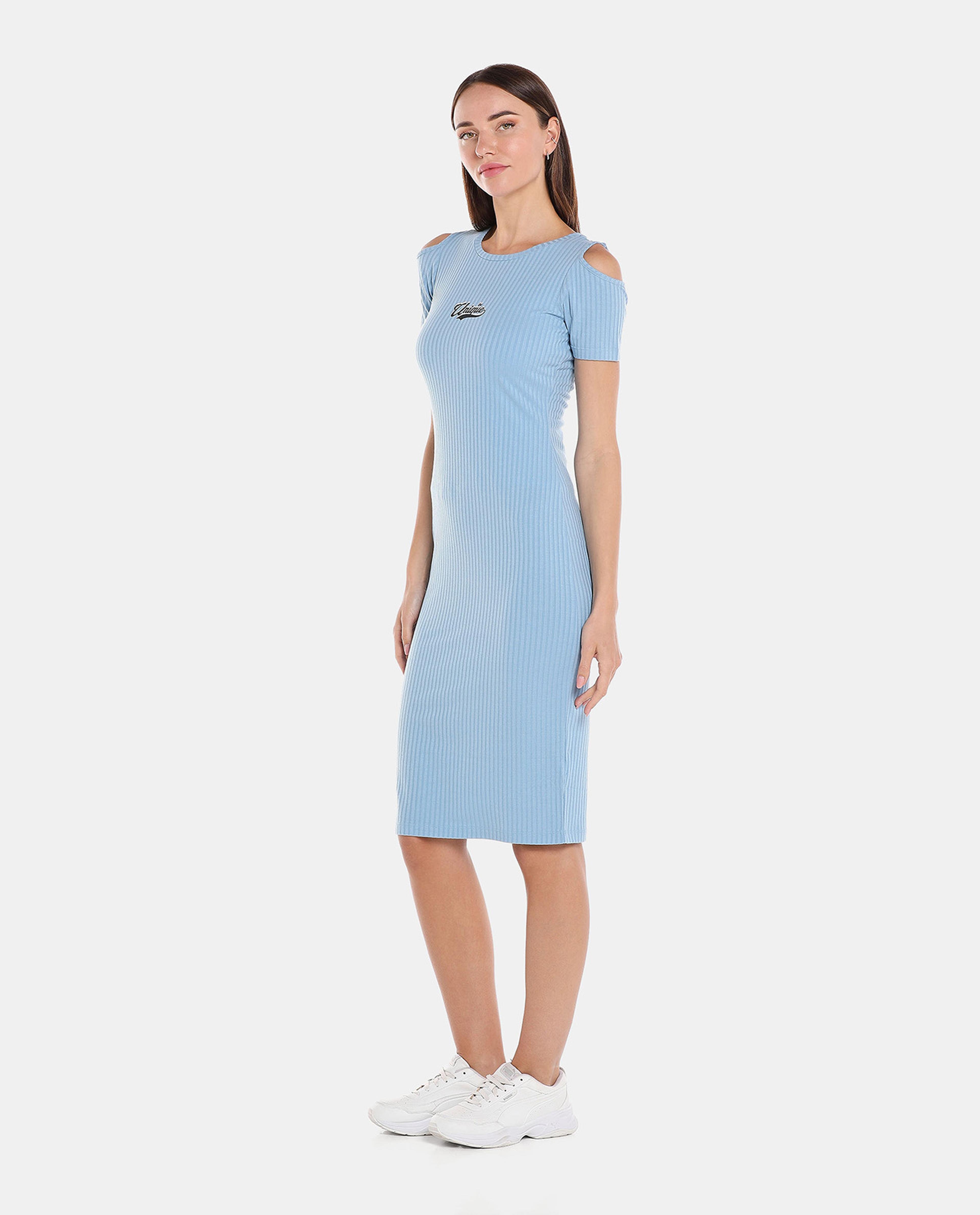 Blue Solid Bodycon Knee Length Dress