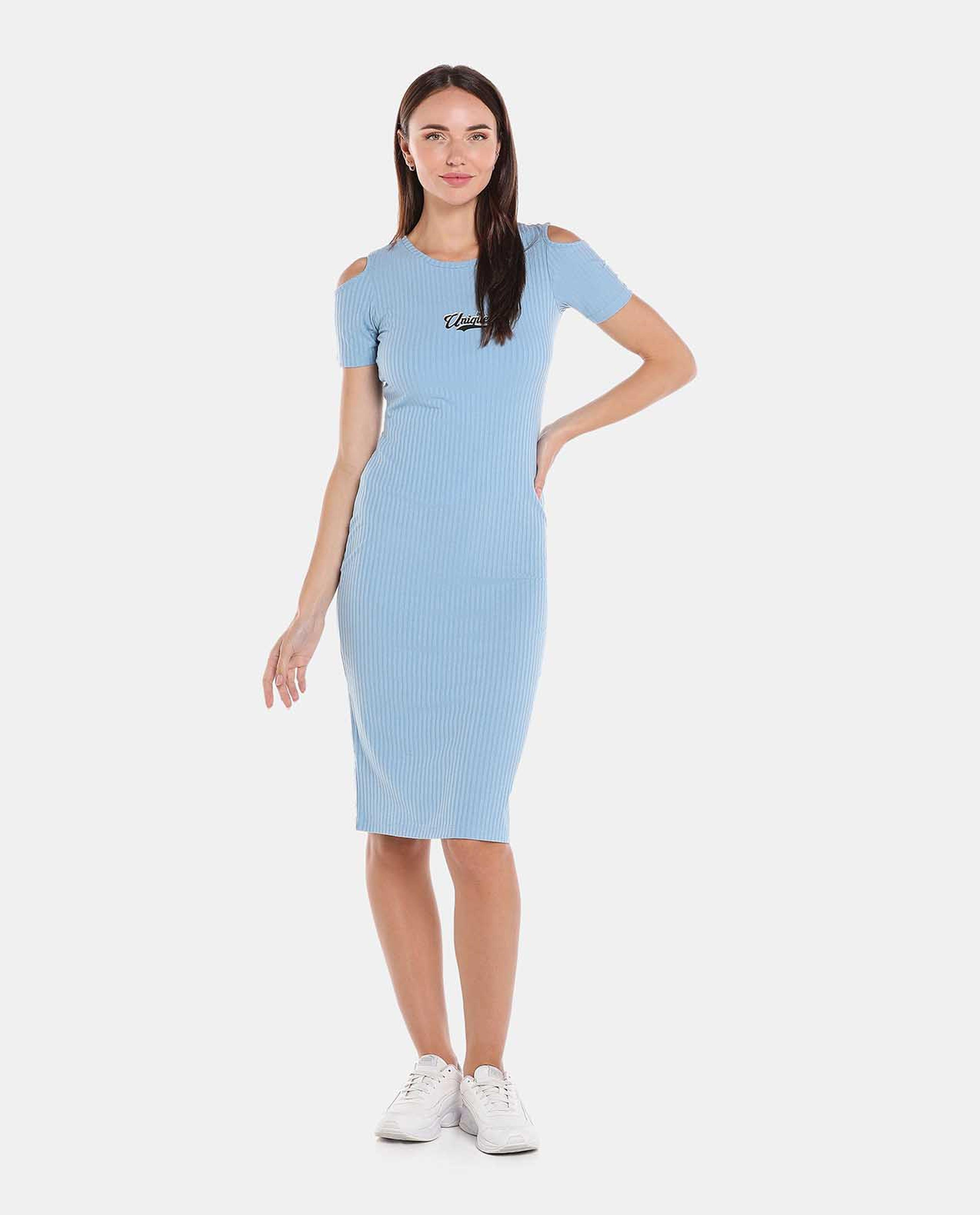 Blue Solid Bodycon Knee Length Dress