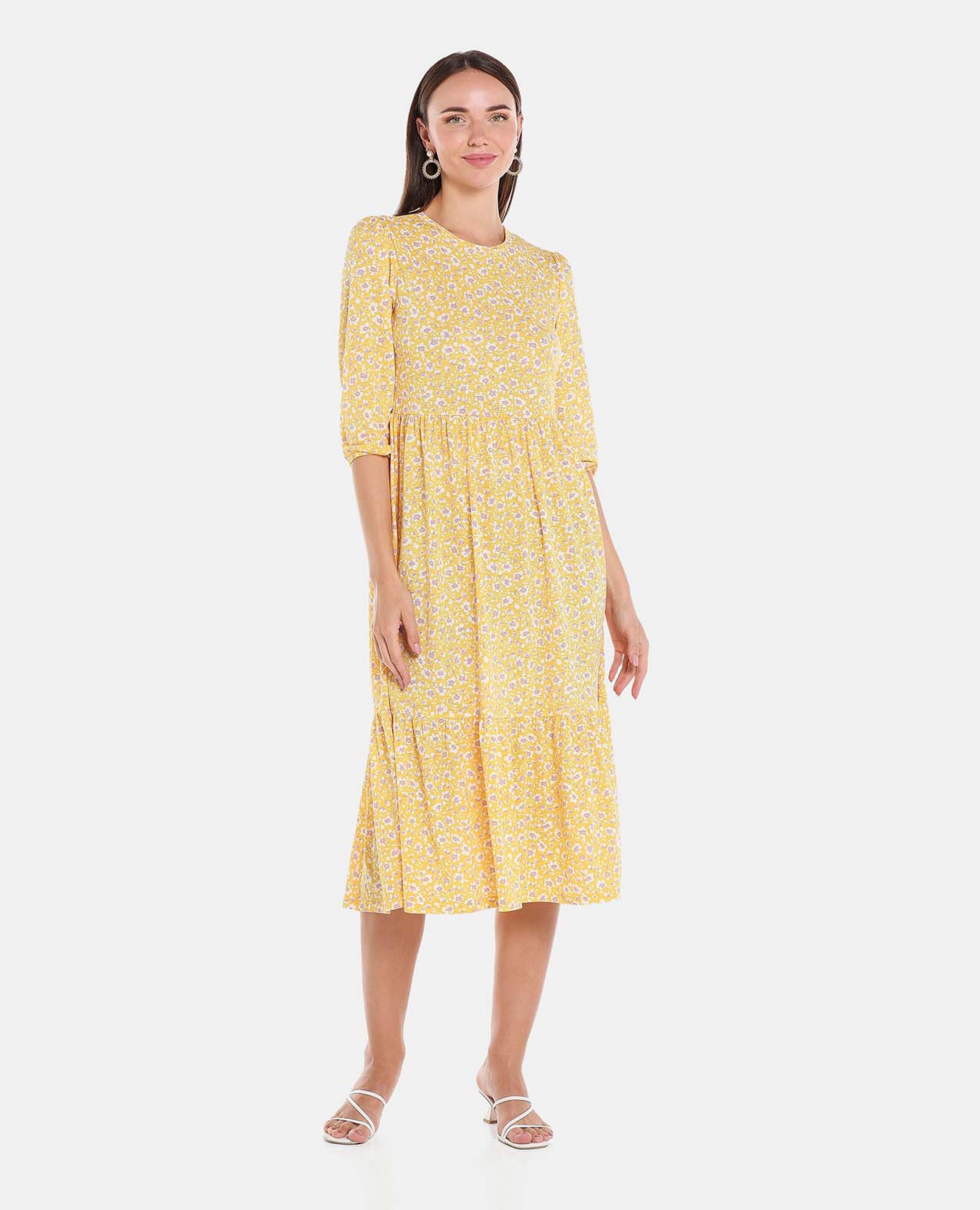 Yellow All Over Print Knee Length Tiered Dress