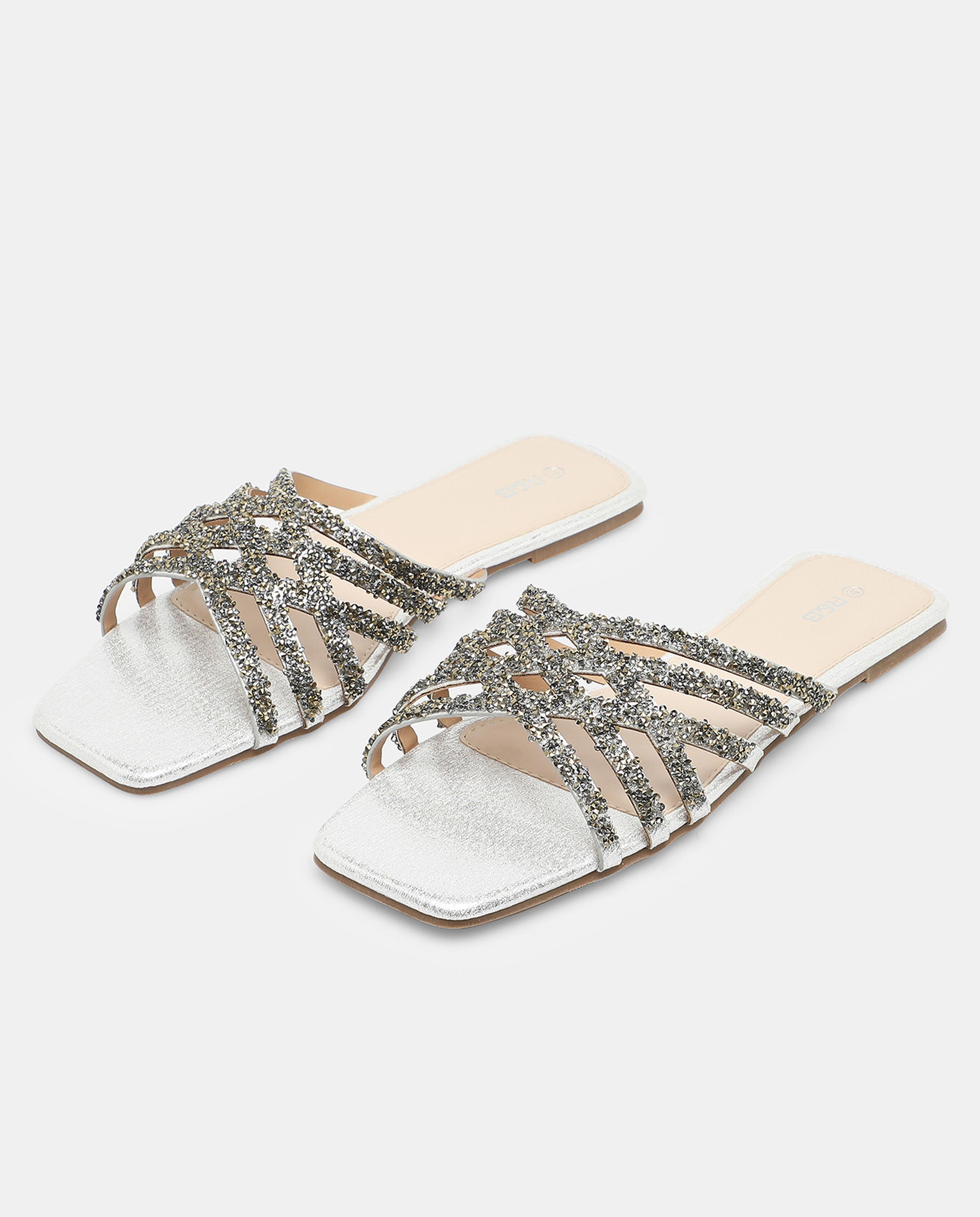R&B Silver Embellished Flat Sandals