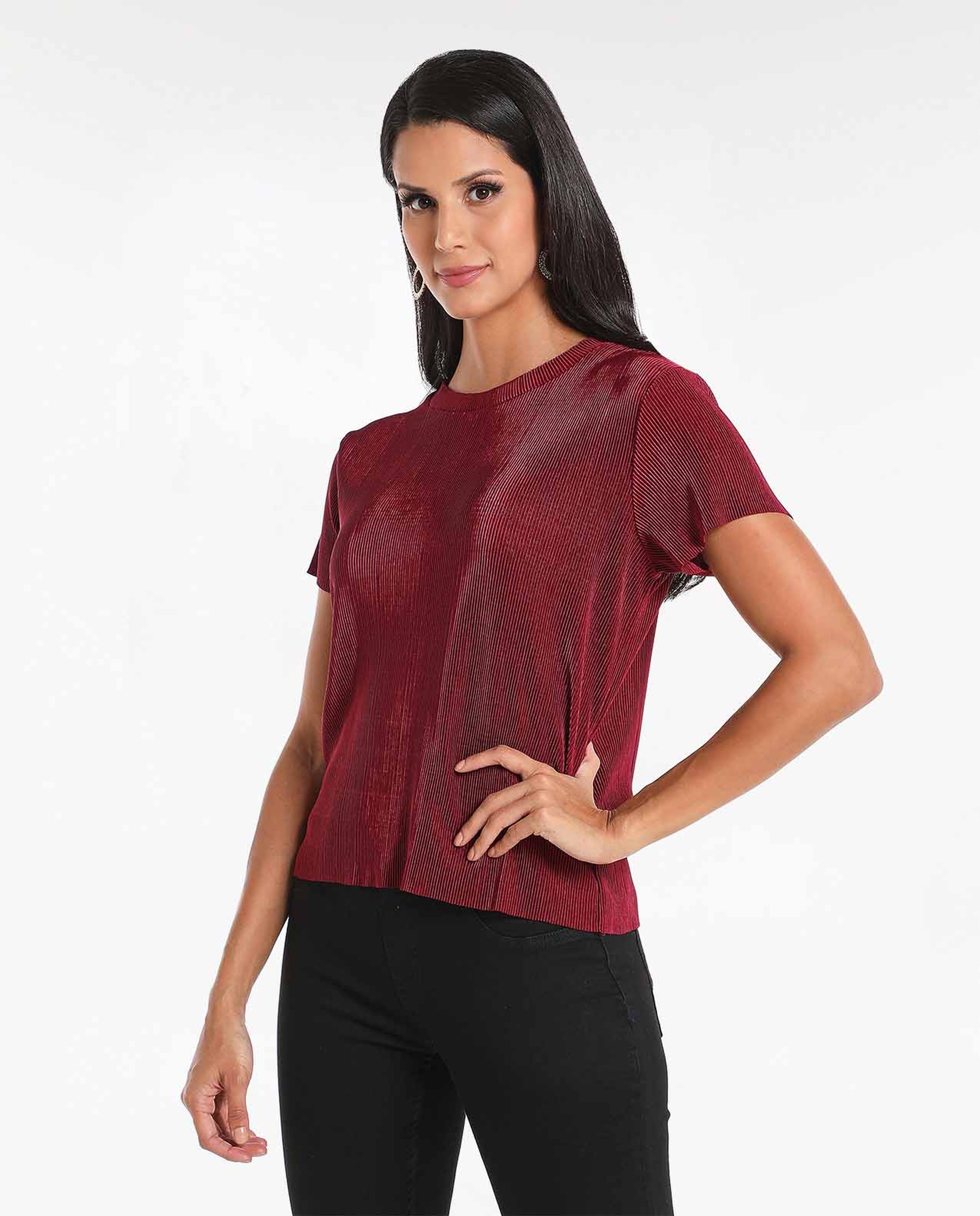 Solid Casual Top With Short Sleeves And Crew Neck