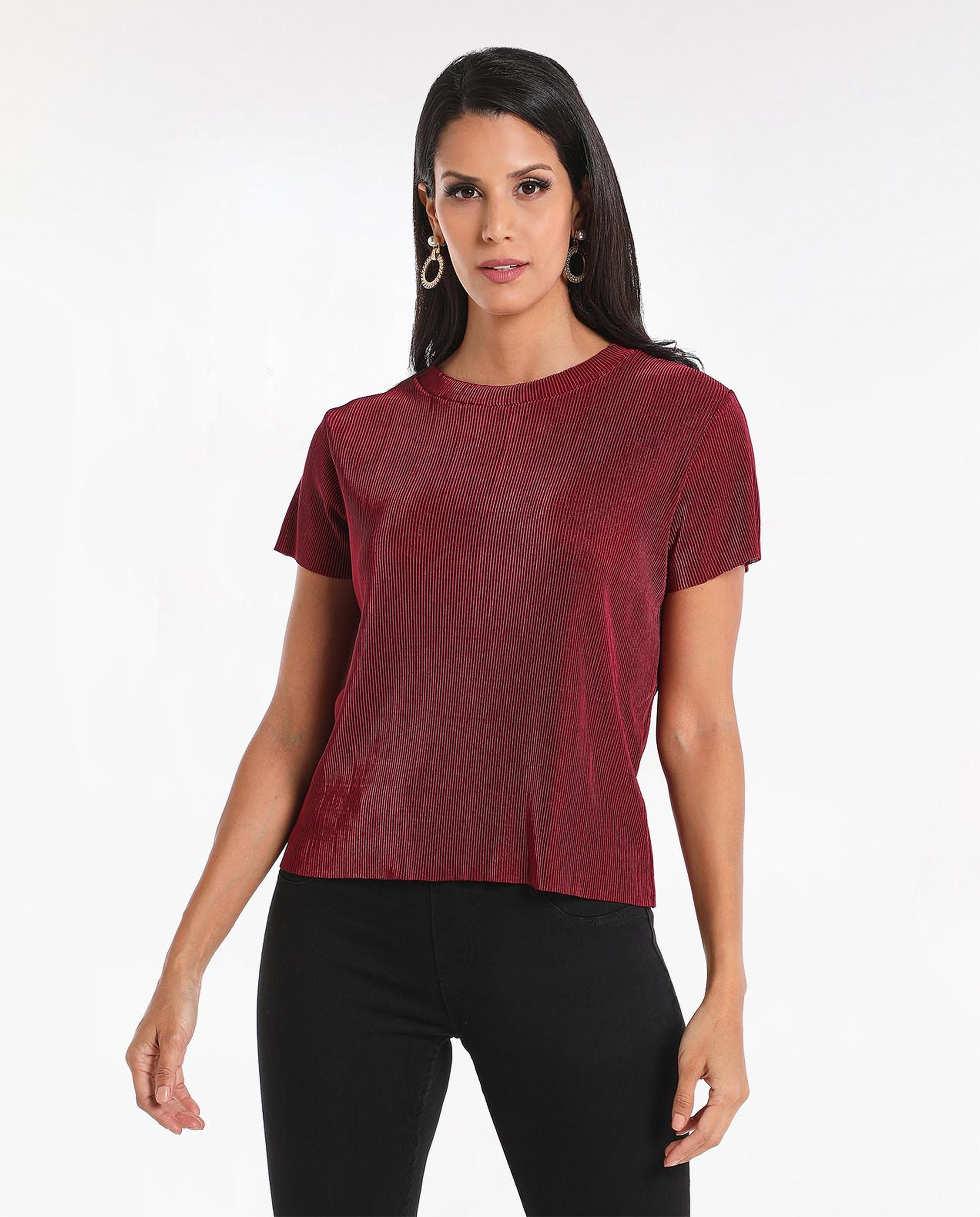 Solid Casual Top With Short Sleeves And Crew Neck