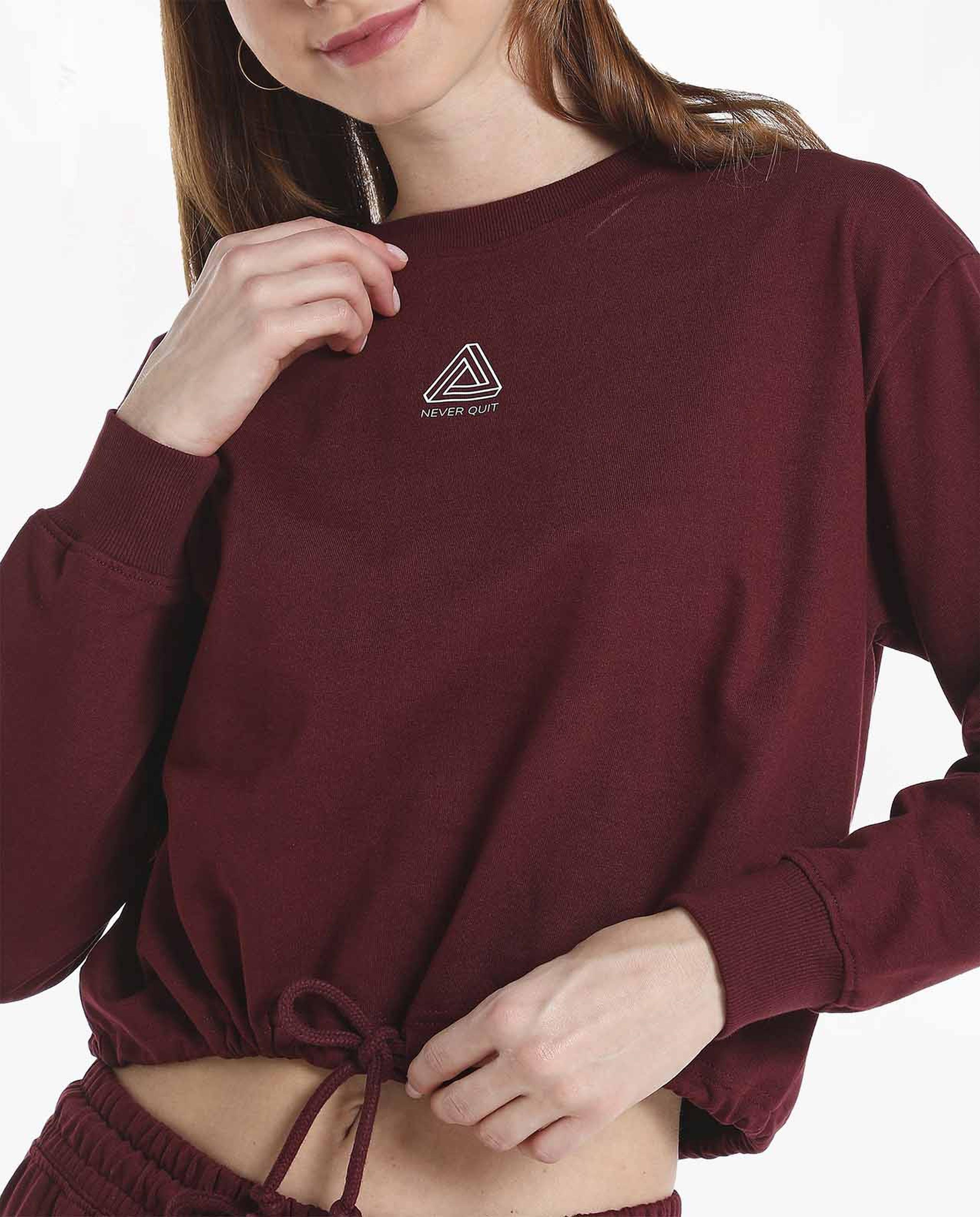 Solid Drawstring Waist Sweatshirt With Long Sleeves And Crew Neck