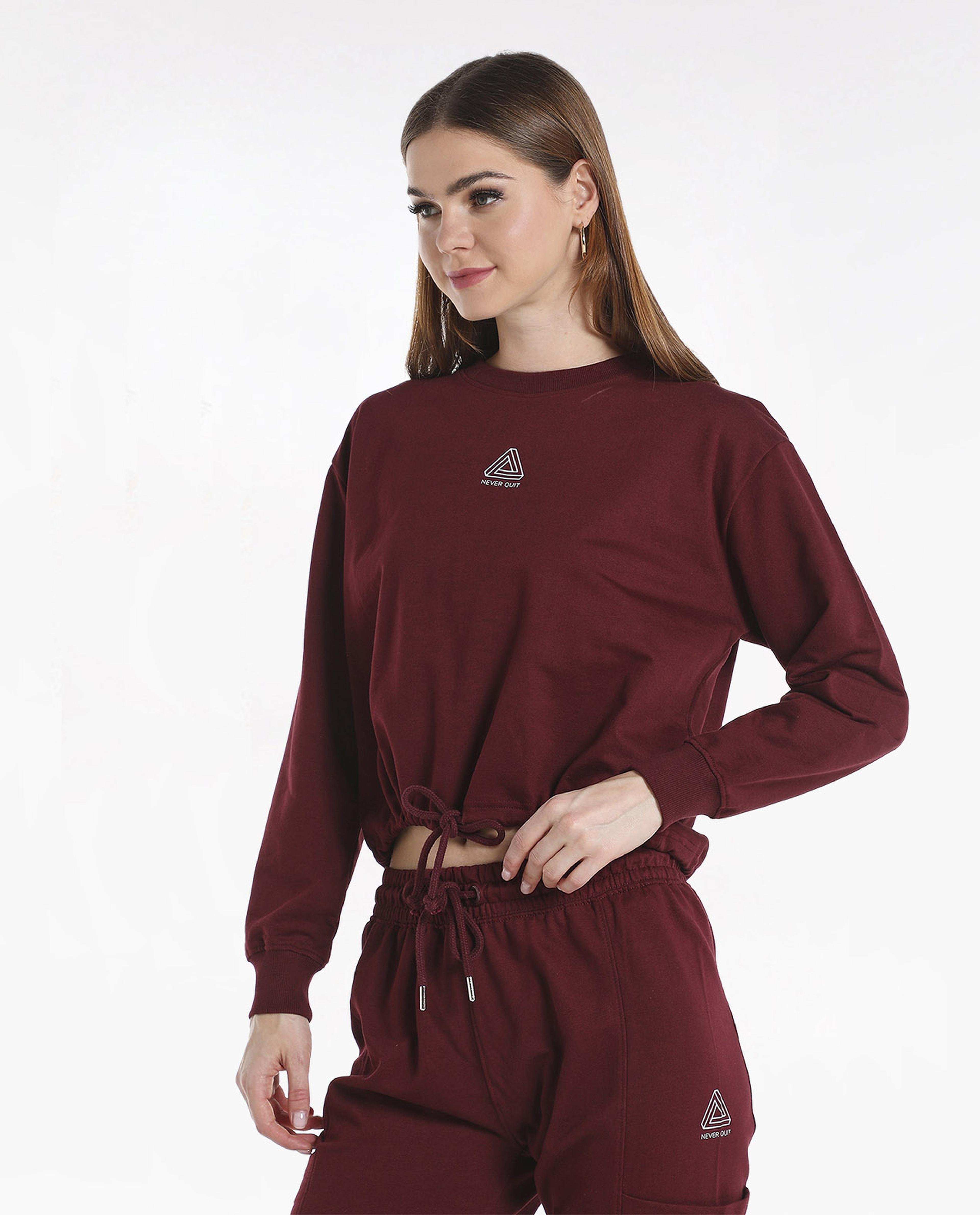 Solid Drawstring Waist Sweatshirt With Long Sleeves And Crew Neck
