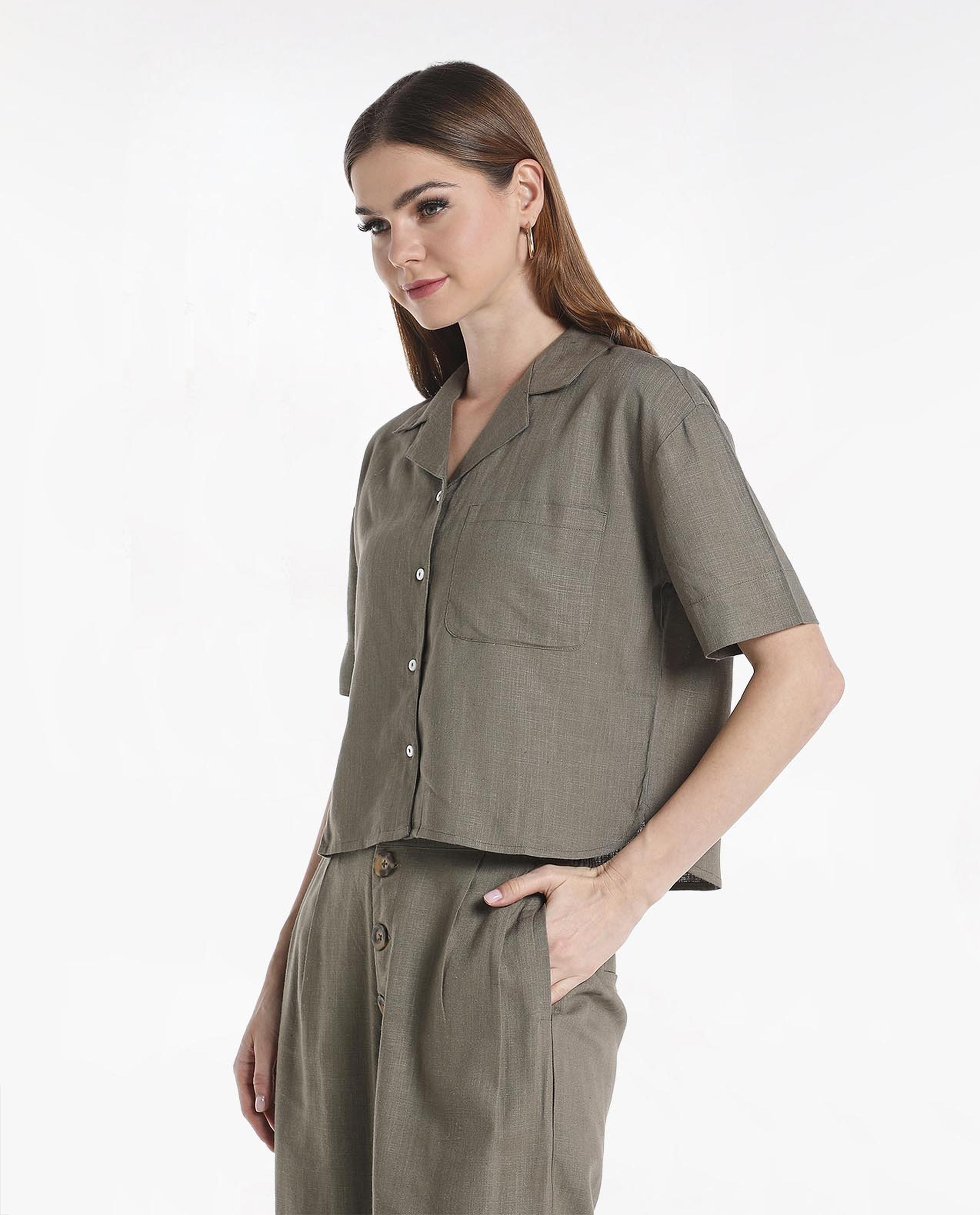 Solid Woven Shirt Top With Lapel Collar And Short Sleeves