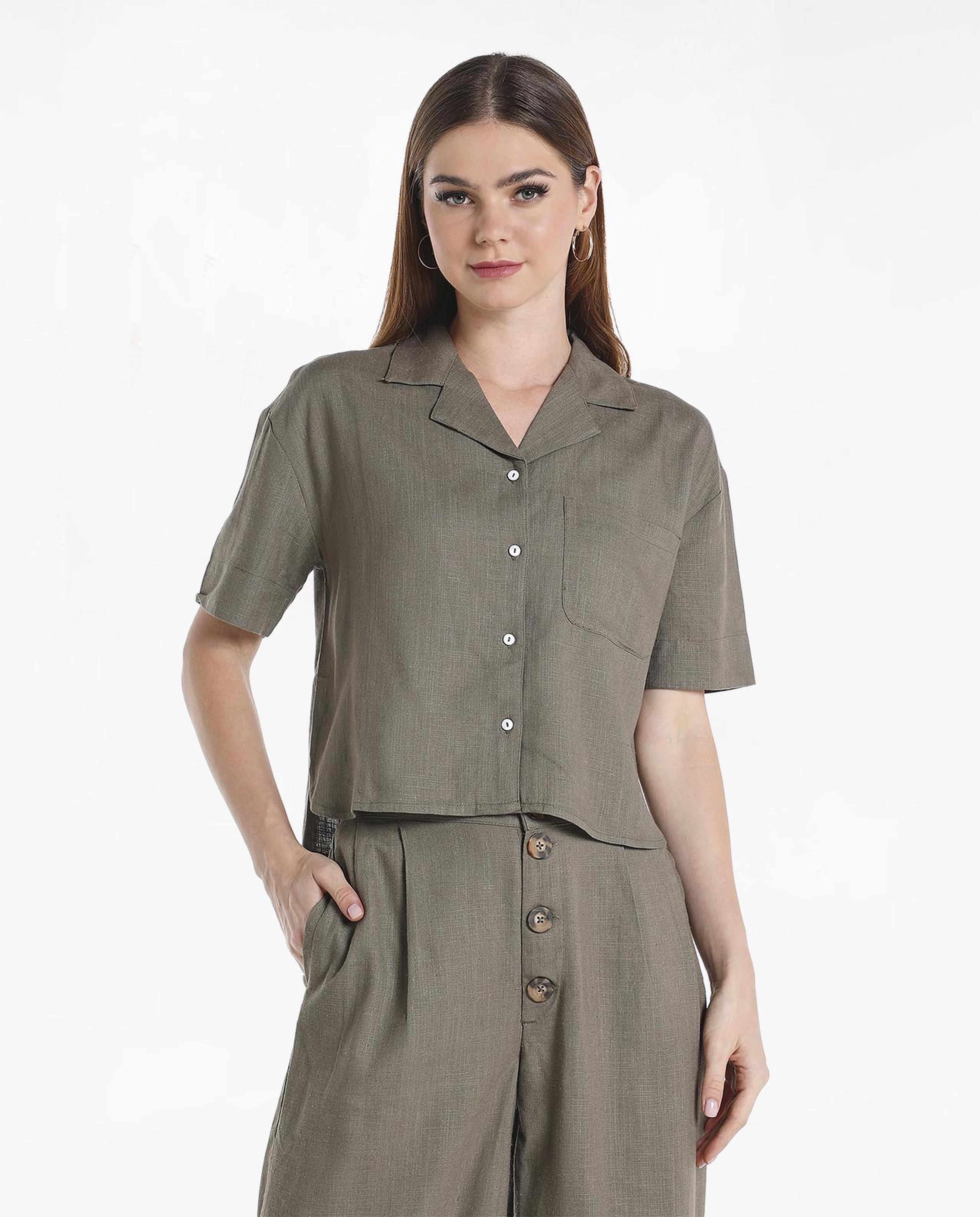 Solid Woven Shirt Top With Lapel Collar And Short Sleeves