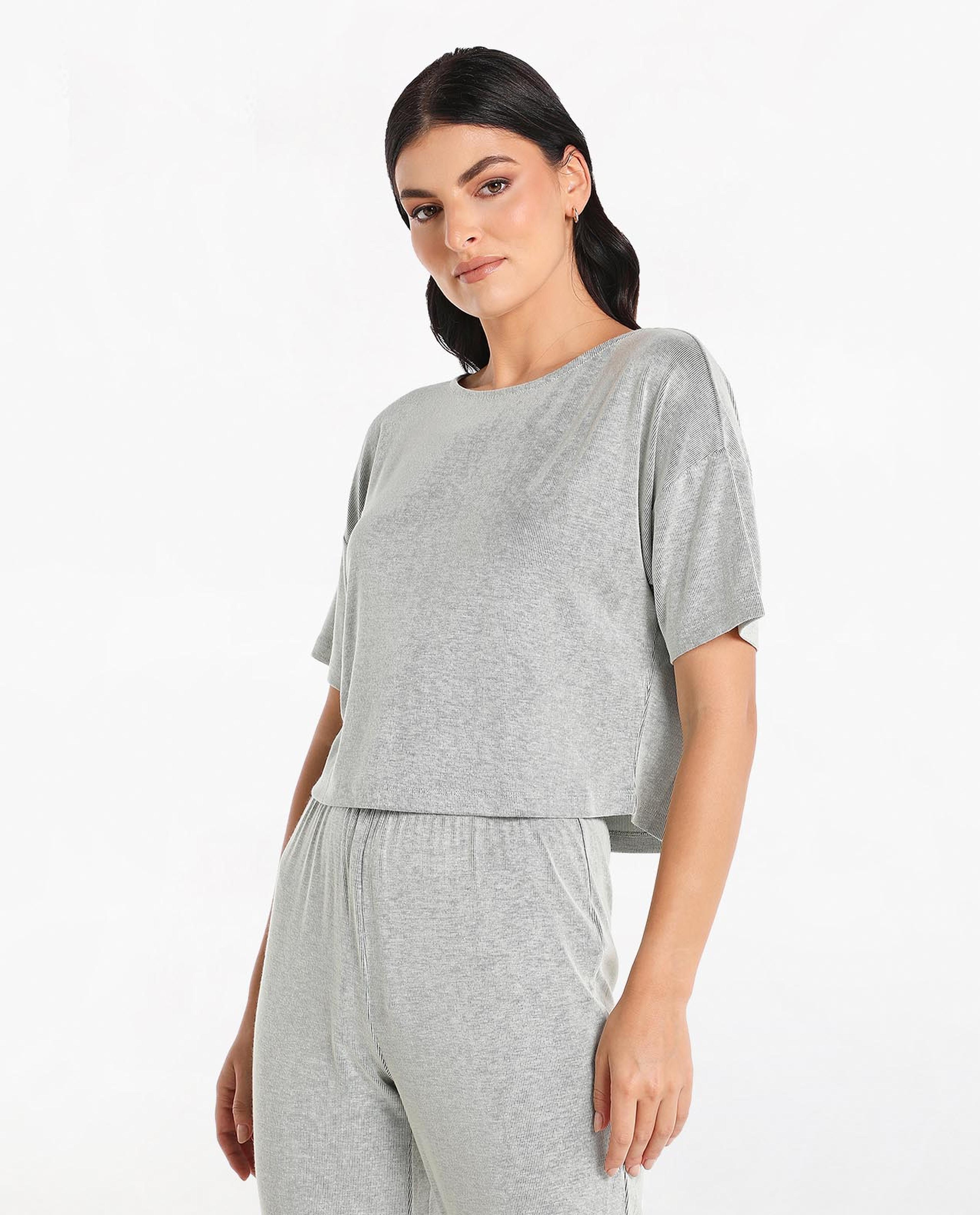 Basic Solid Boxy Night Top with Crew Neck and Short Sleeve