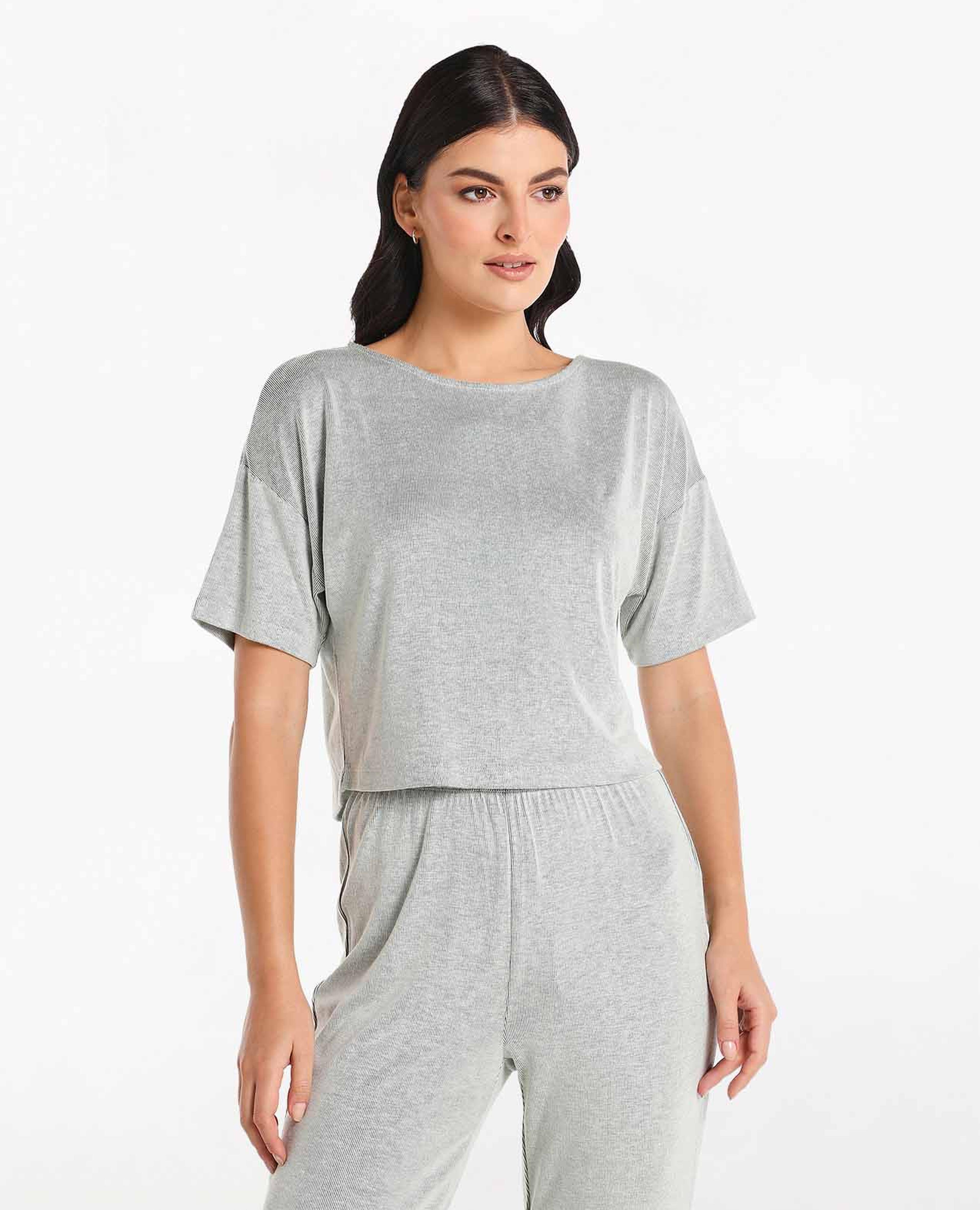 Basic Solid Boxy Night Top with Crew Neck and Short Sleeve