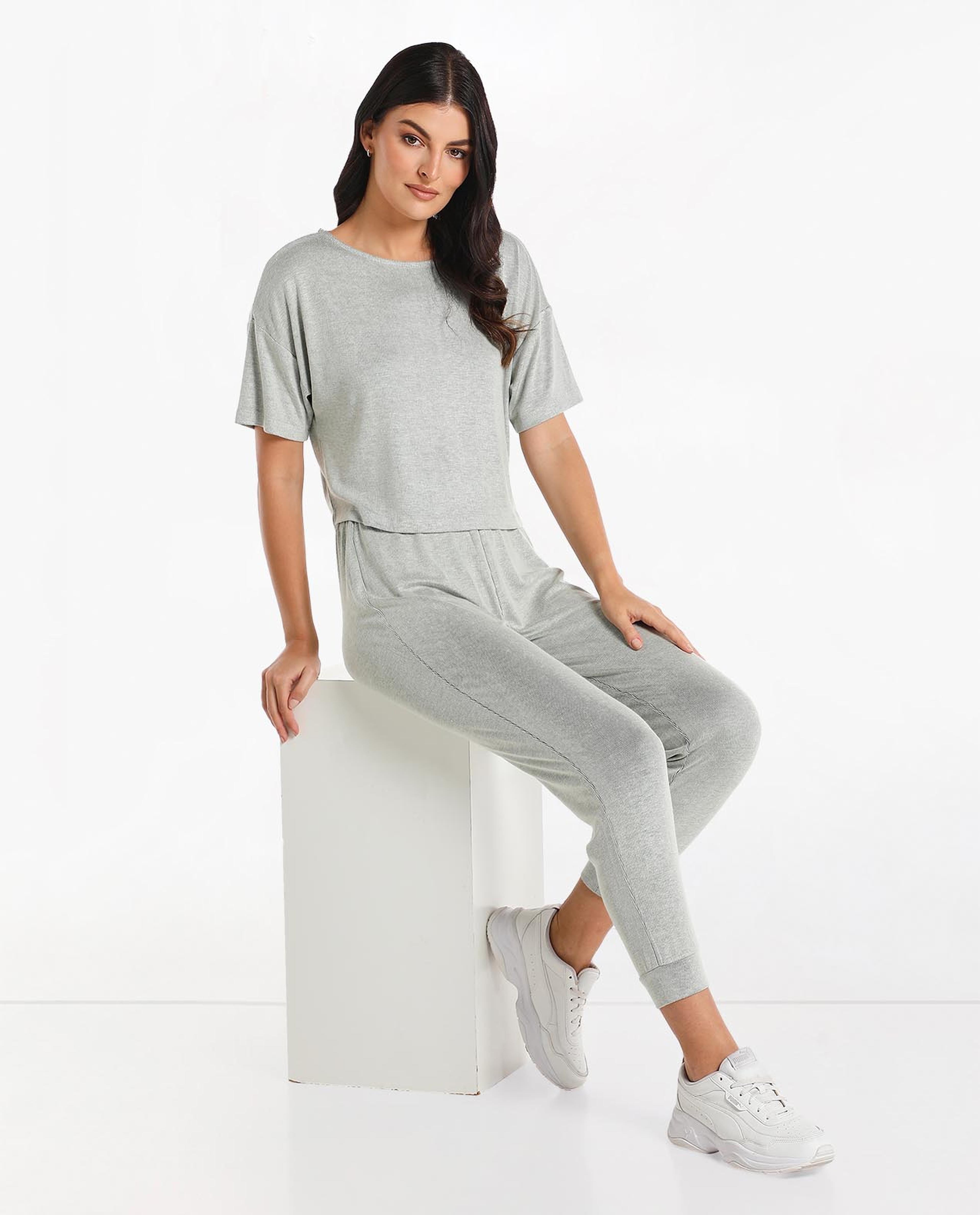 Basic Solid Boxy Night Top with Crew Neck and Short Sleeve