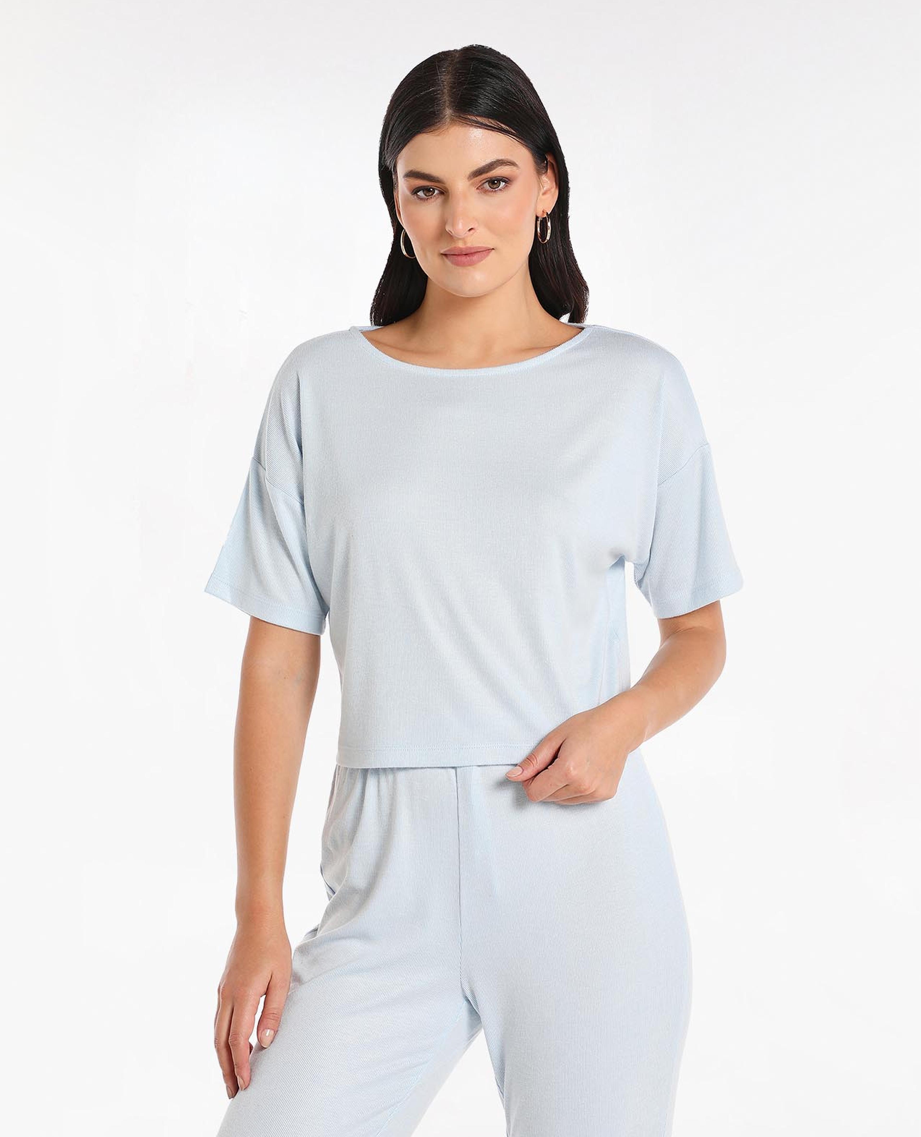 Basic Solid Boxy Night Top with Crew Neck and Short Sleeve