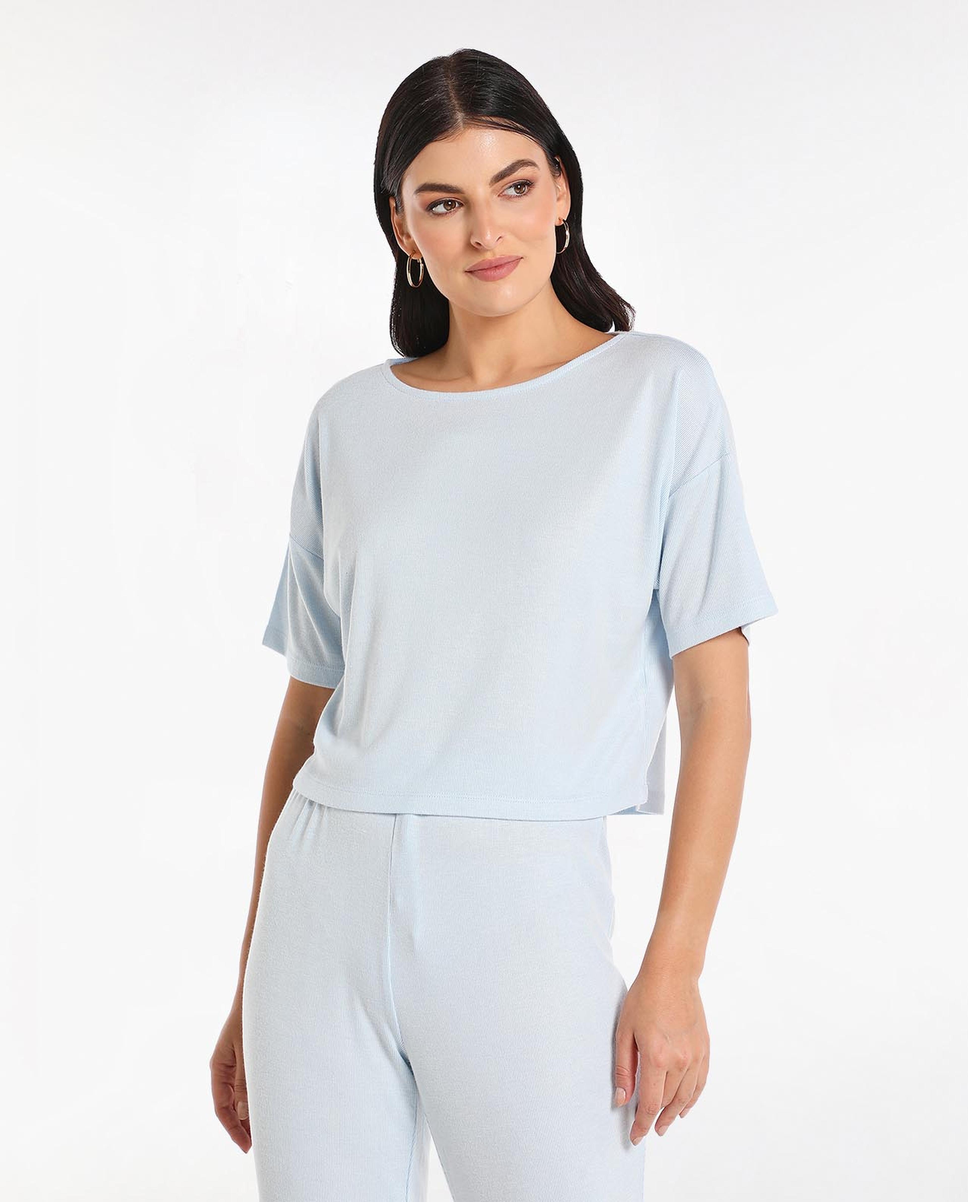 Basic Solid Boxy Night Top with Crew Neck and Short Sleeve