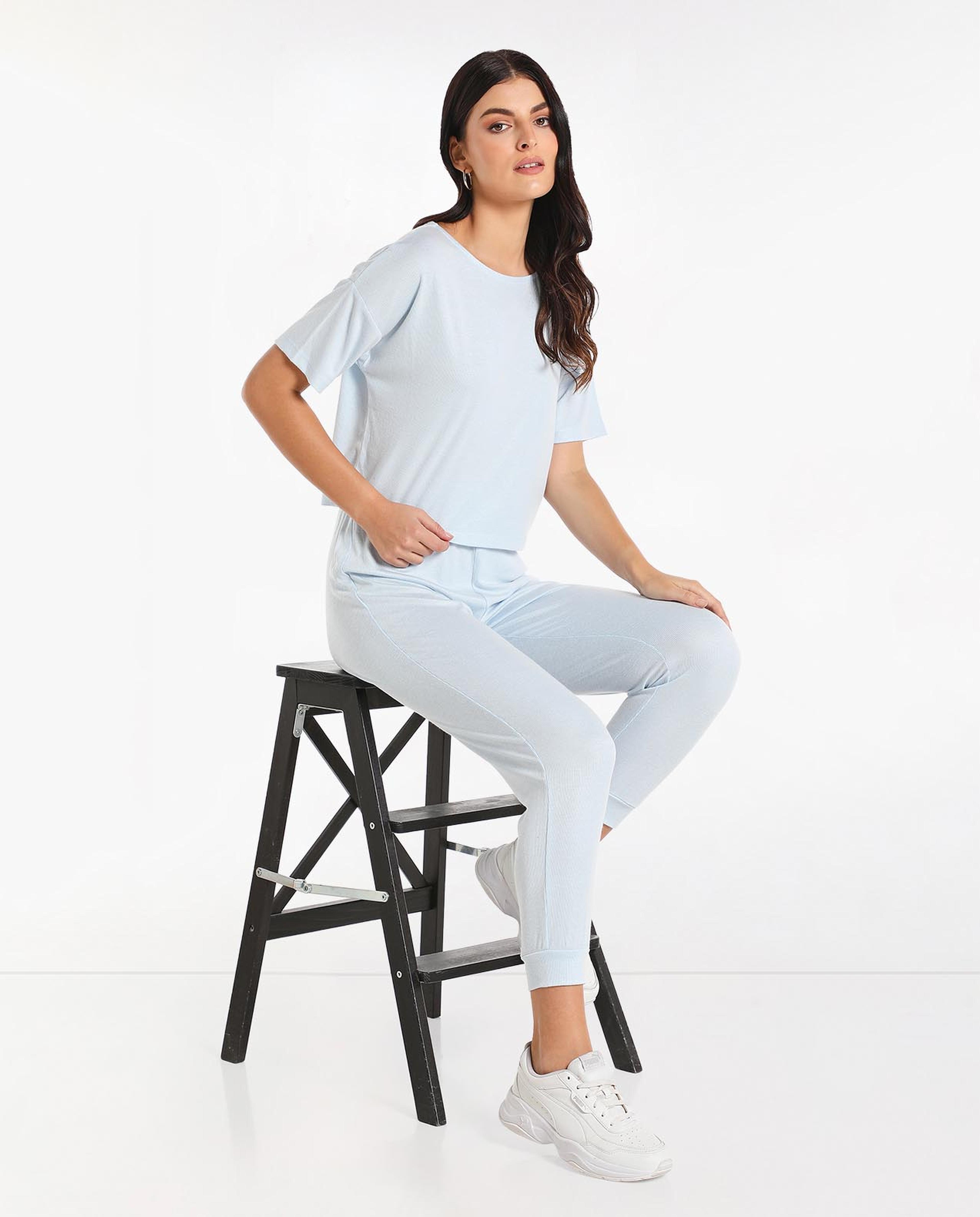 Basic Solid Boxy Night Top with Crew Neck and Short Sleeve