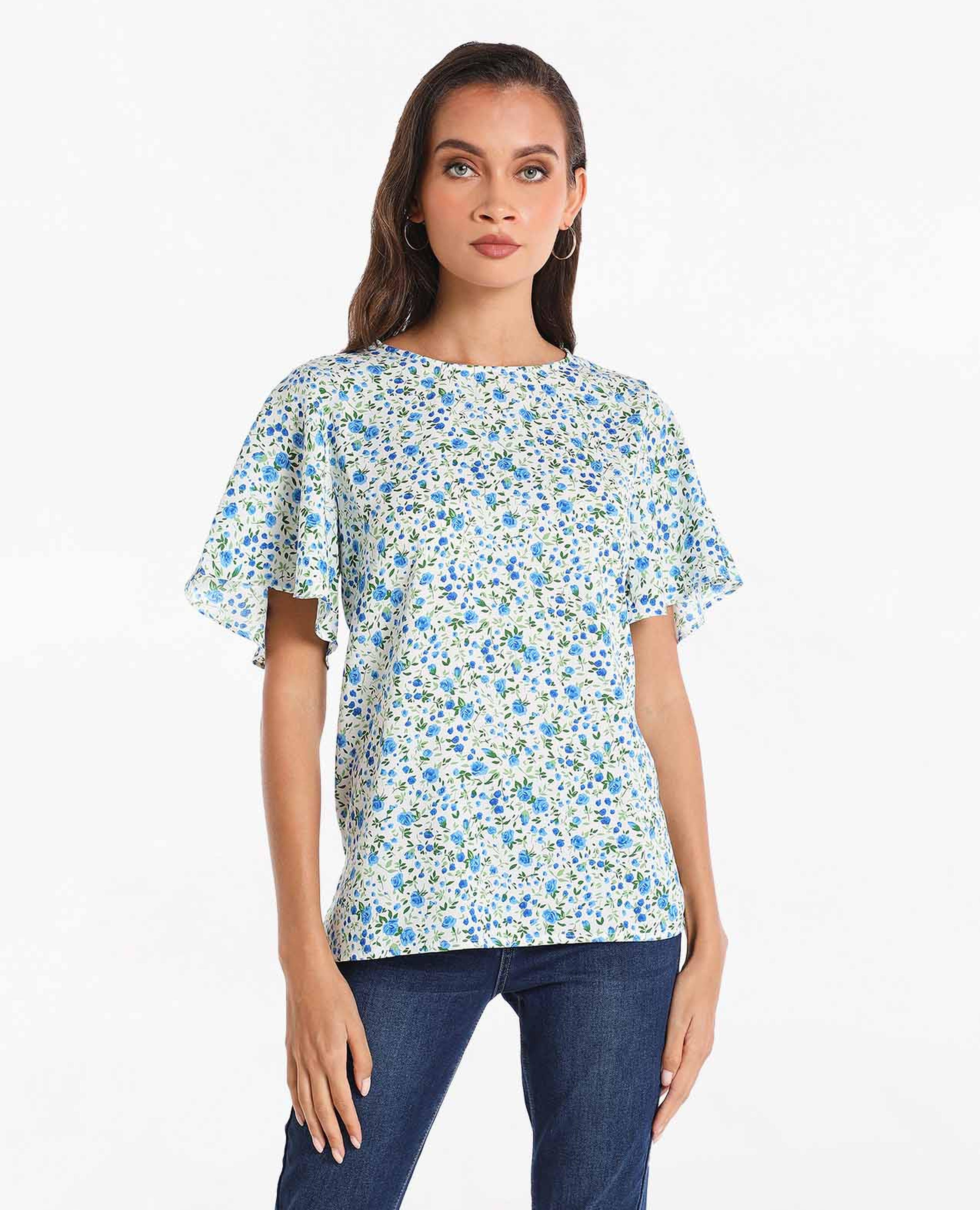 Printed Woven Top with Crew Neck and Flare Sleeve