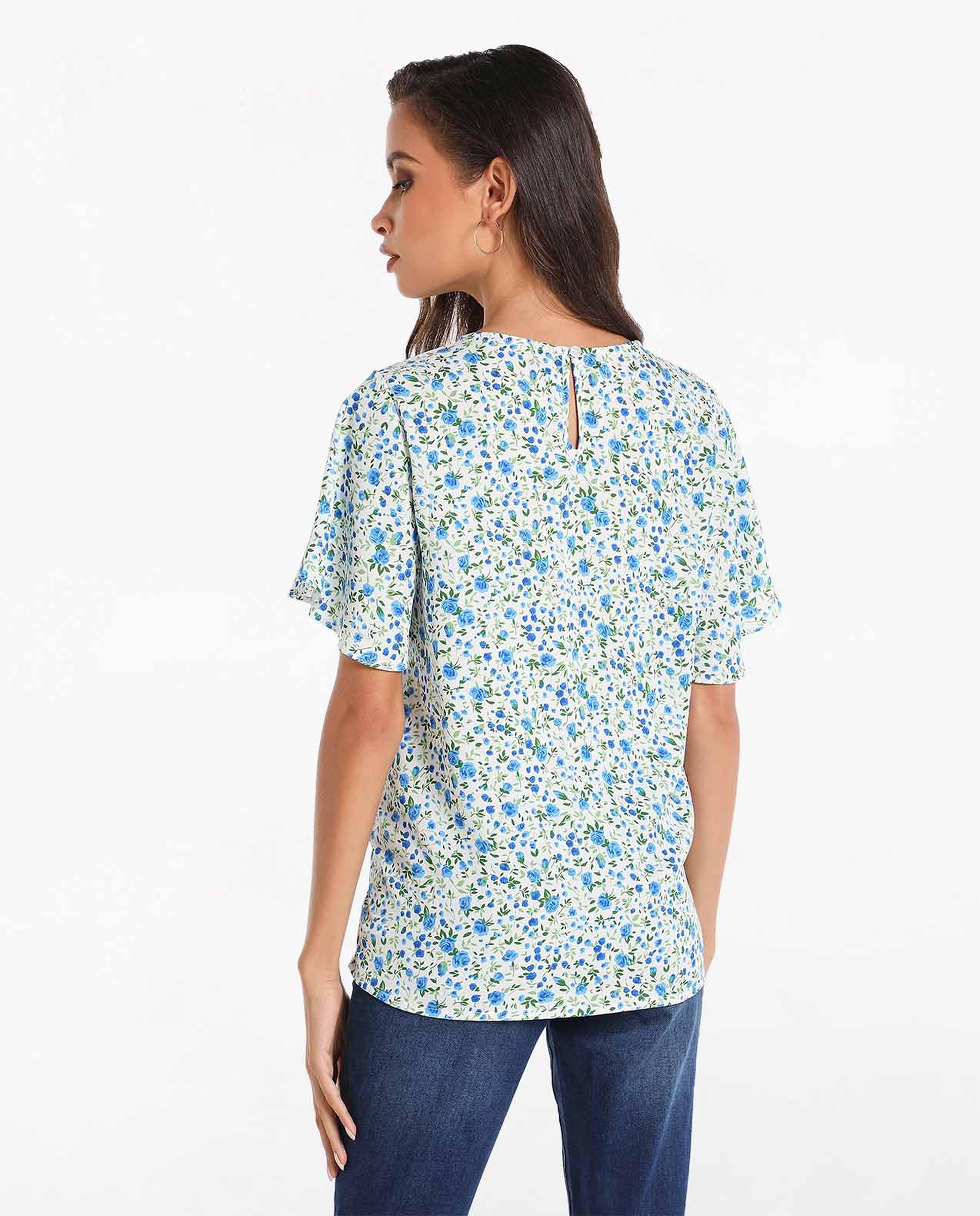 Printed Woven Top with Crew Neck and Flare Sleeve