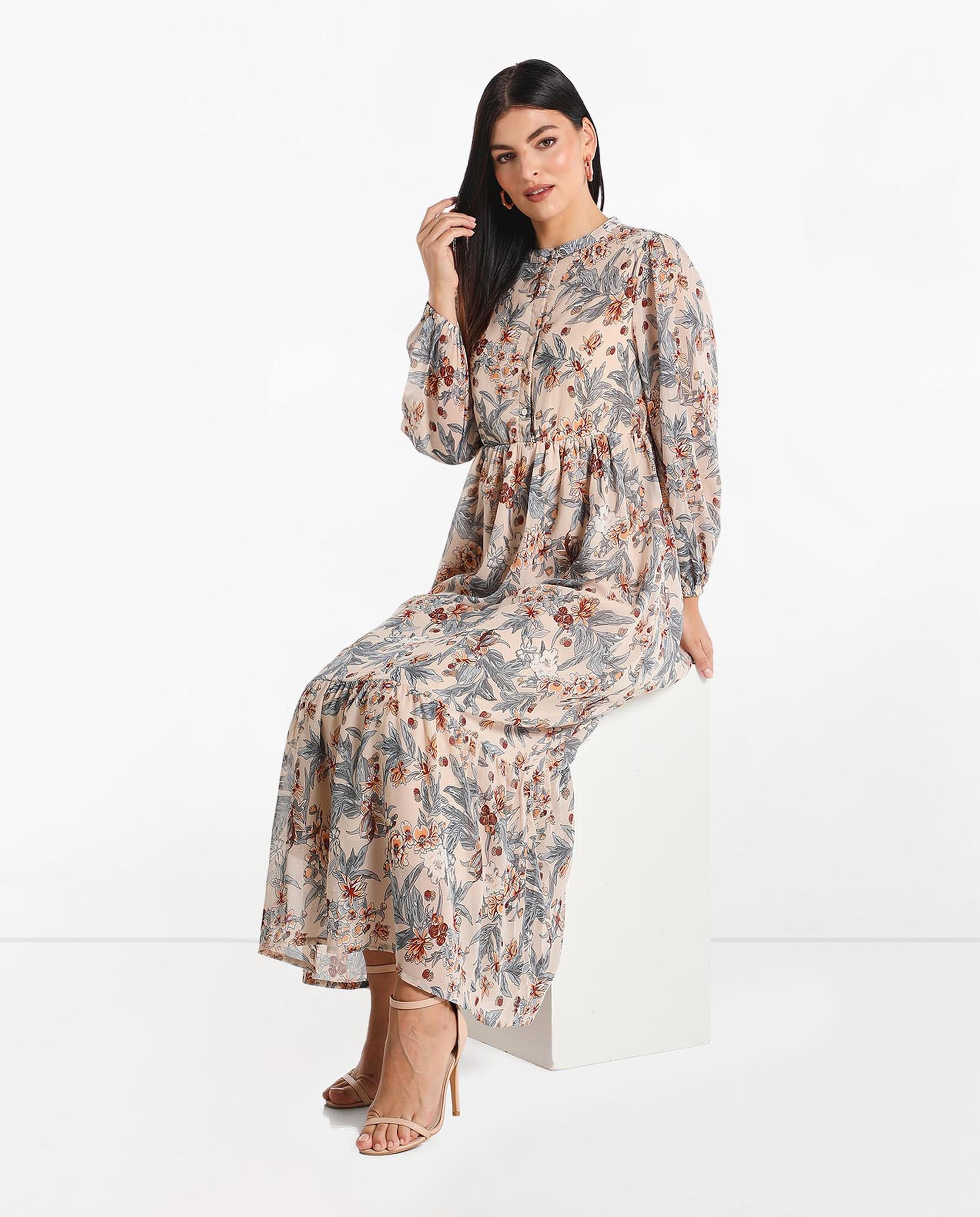 Printed Tiered Maxi Dress With Long Sleeves And Round Neck