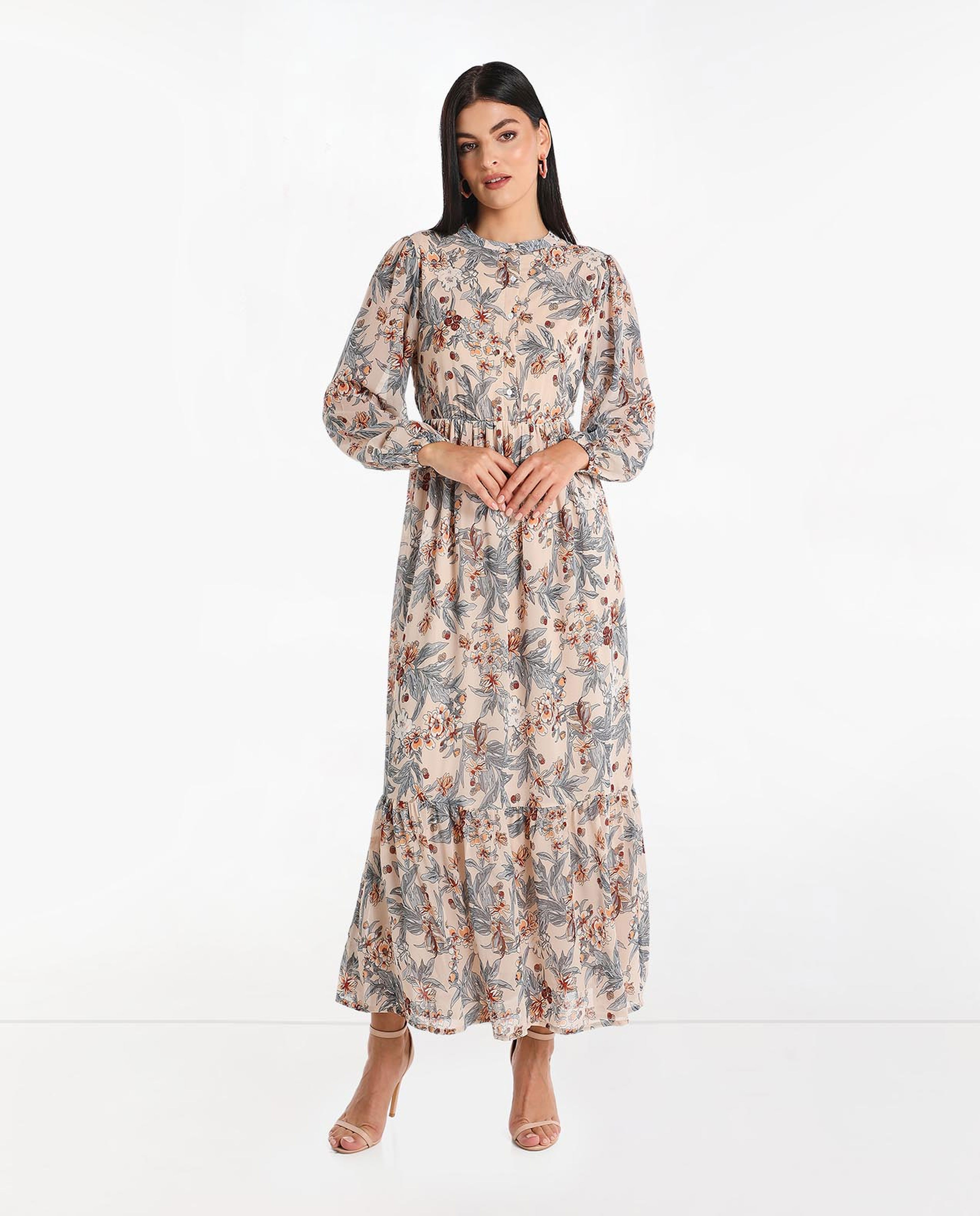 Printed Tiered Maxi Dress With Long Sleeves And Round Neck
