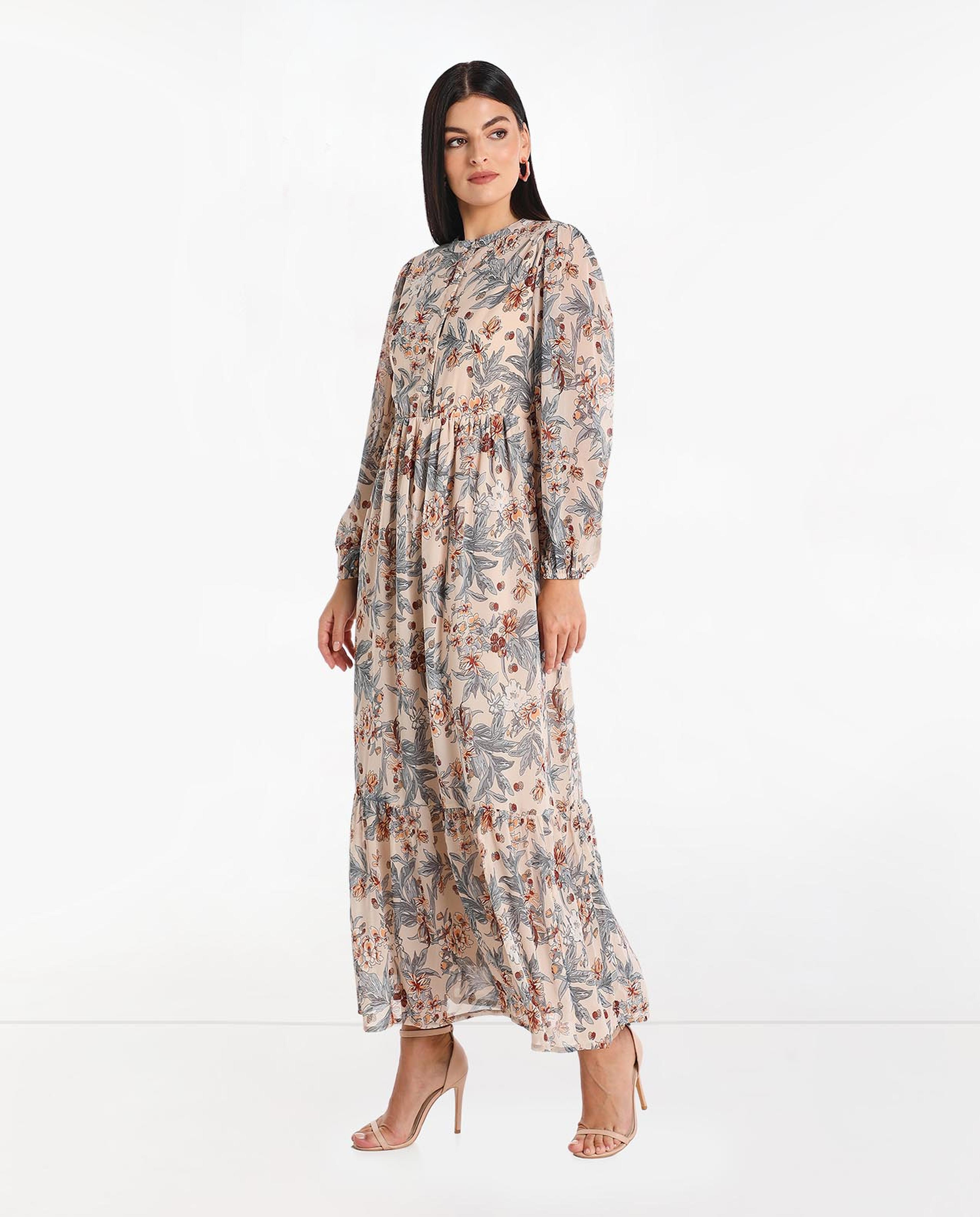 Printed Tiered Maxi Dress With Long Sleeves And Round Neck